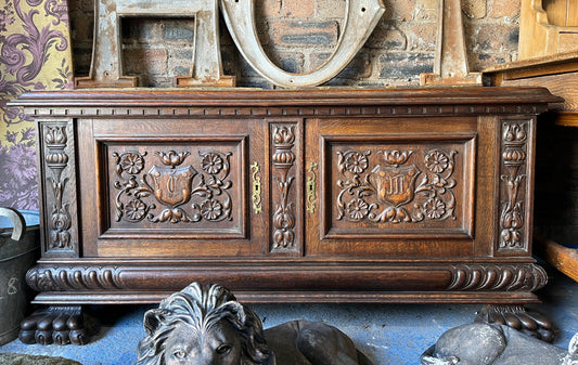 Heraldic 19th Century Carved Oak Coffer