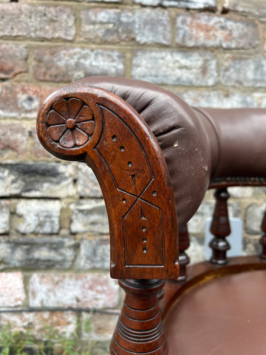 19th Century Oak Leather Captain Chair Circa 1870