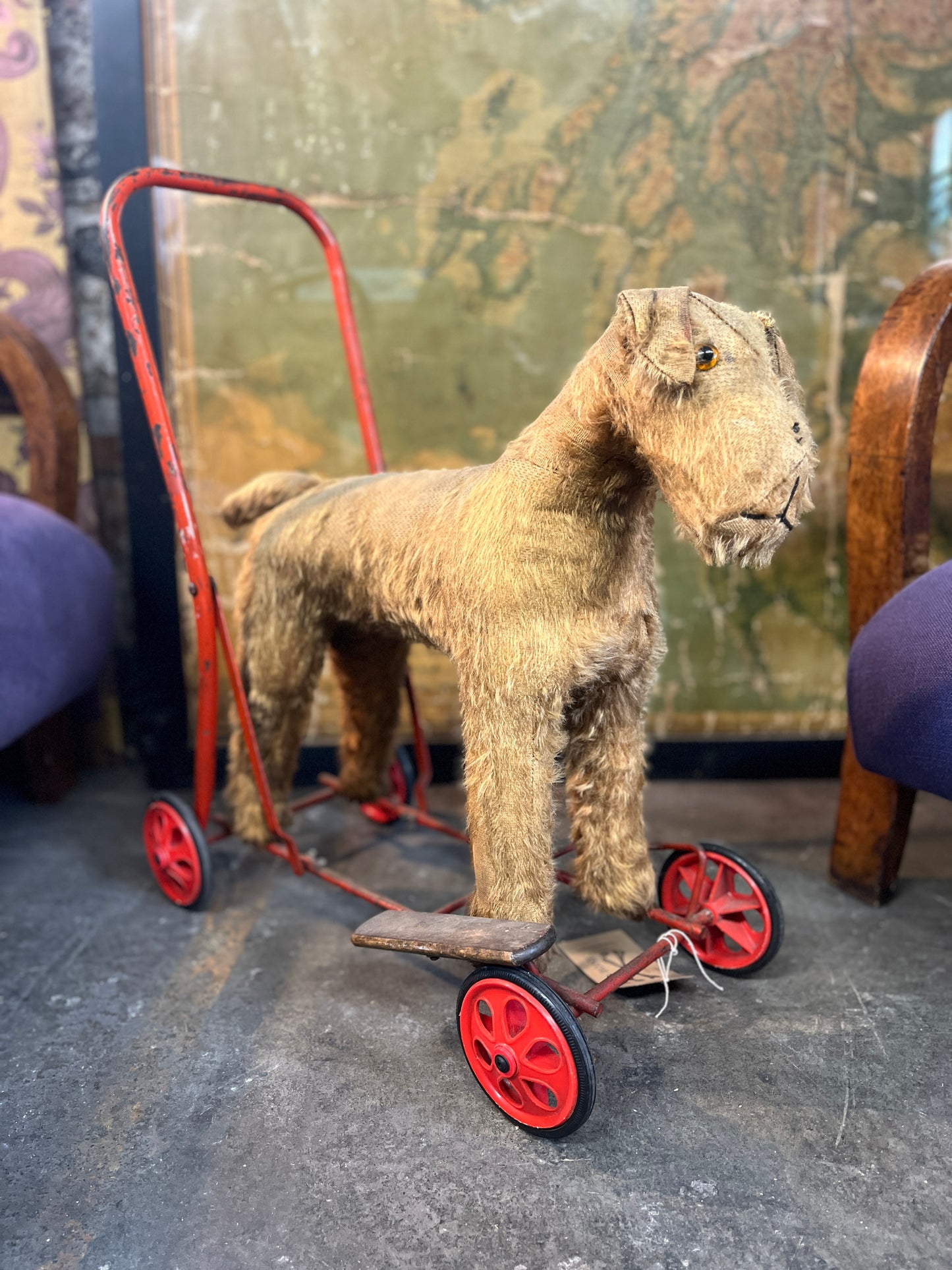1950's Fox Terrier Mohair Dog on Wheels Push Along Walker Toy