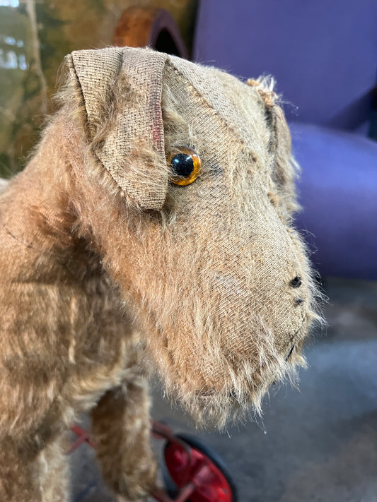 1950's Fox Terrier Mohair Dog on Wheels Push Along Walker Toy