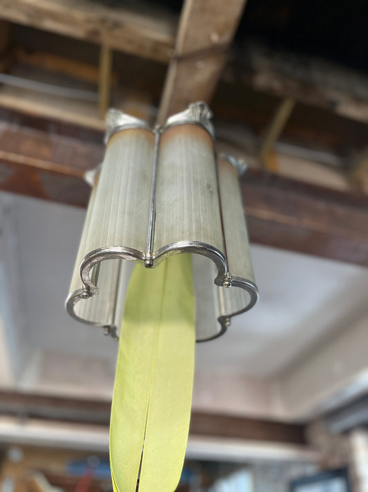 Art Deco Pendant Light Ribbed Frosted Glass & Chrome