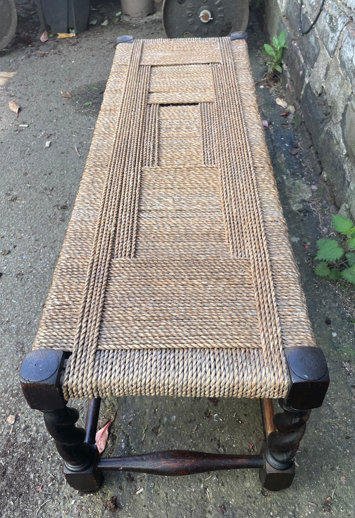 Antique Rush Seat Wooden Bench Hallway Footstool