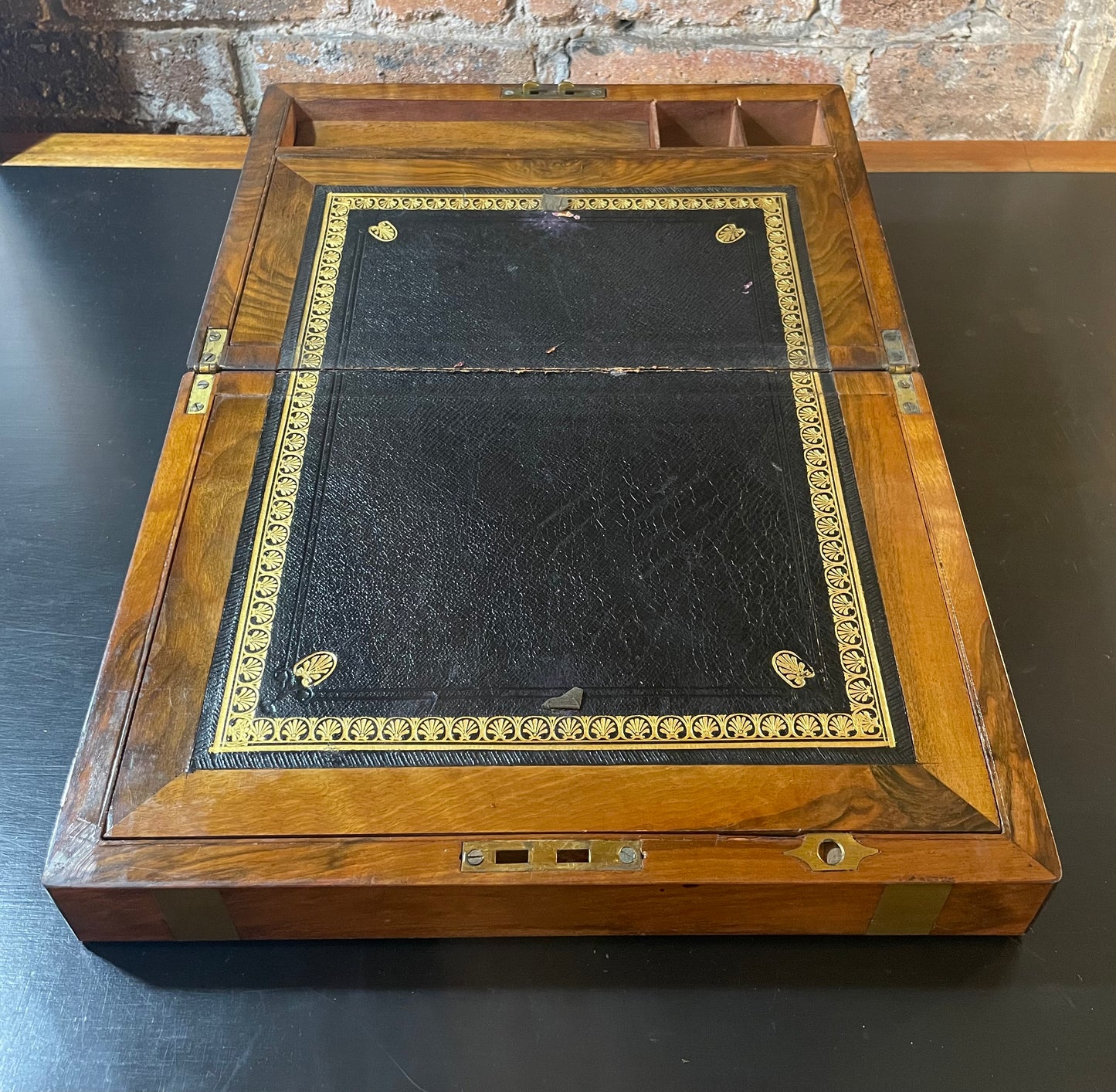 Antique Walnut Writing Slope with tooled leather interior pad