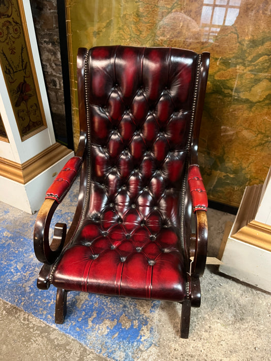 Burgundy Red Leather Chesterfield Slipper Armchair with button back