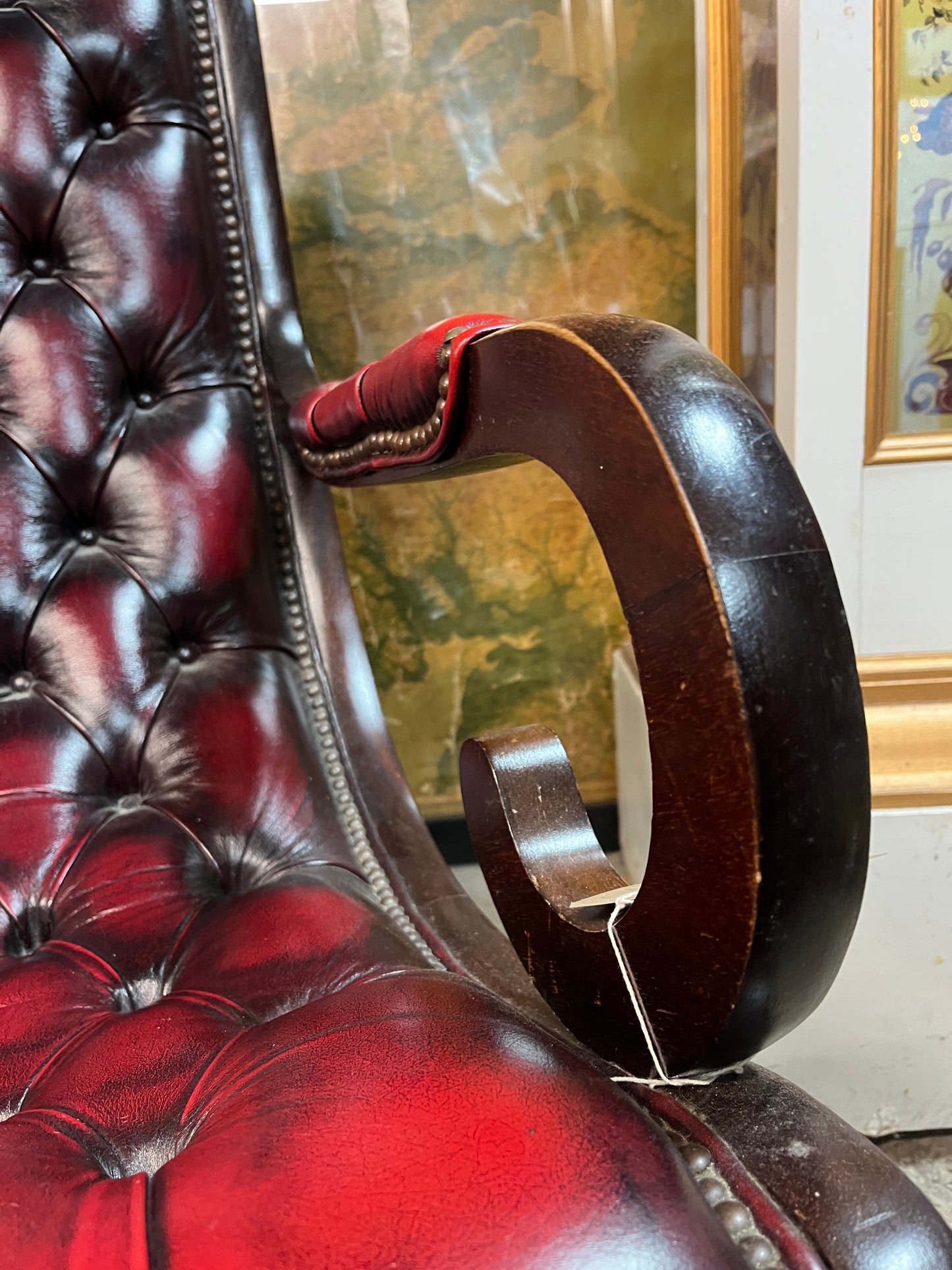 Burgundy Red Leather Chesterfield Slipper Armchair with button back