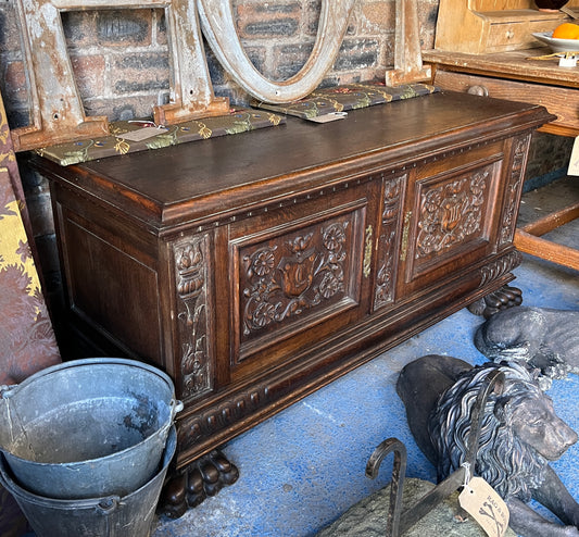 Heraldic 19th Century Carved Oak Coffer