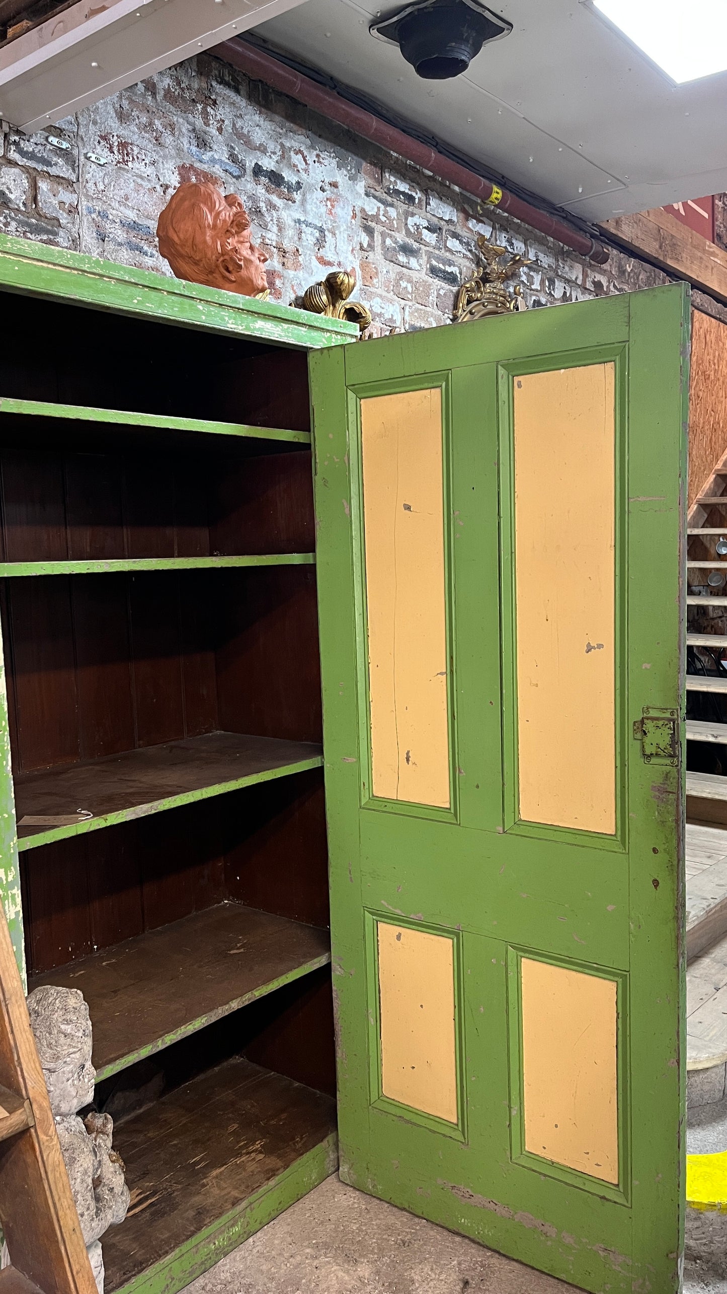 Distressed Emerald Green & Cream Cupboard with Four-Panel Door