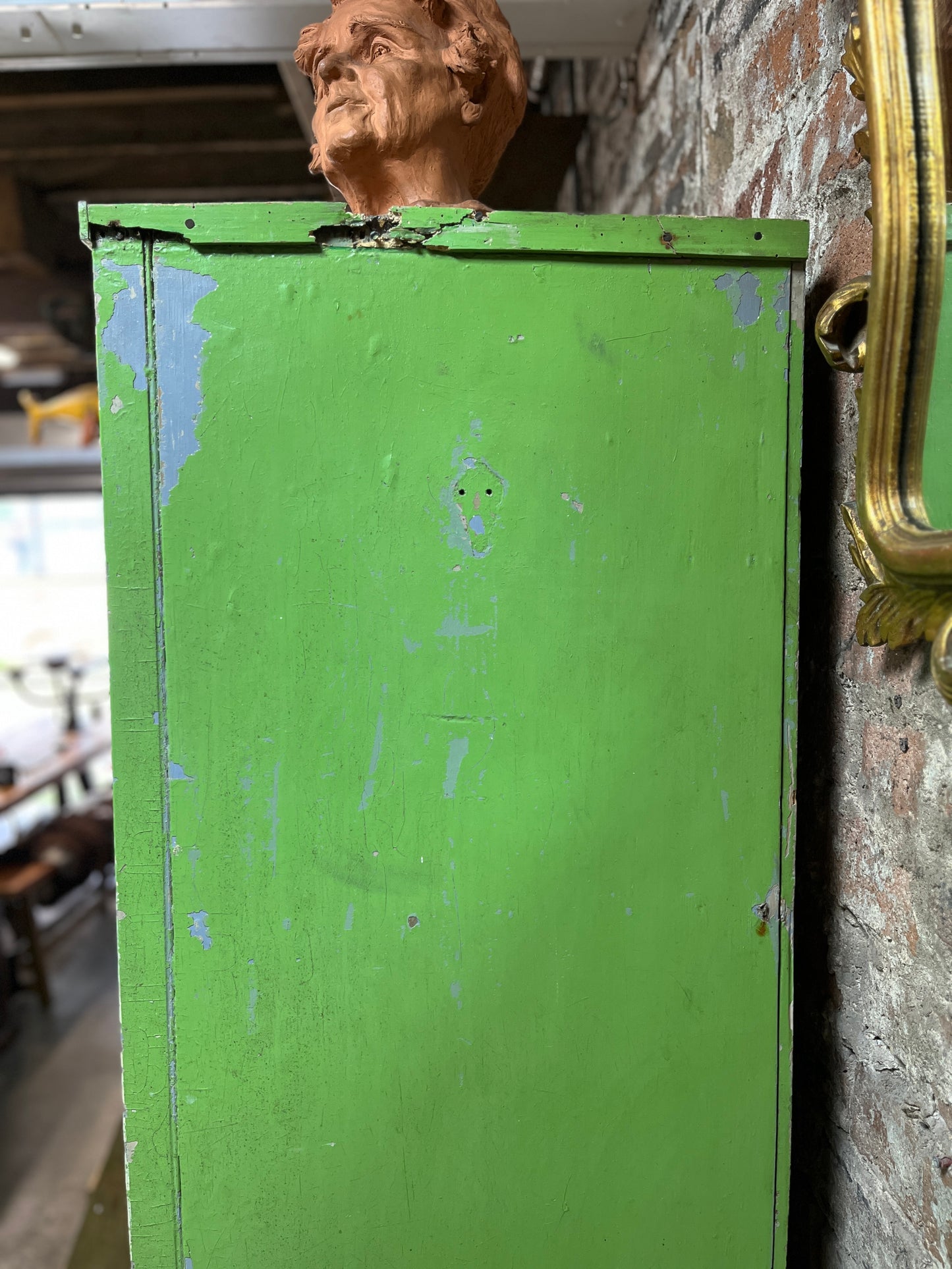 Distressed Emerald Green & Cream Cupboard with Four-Panel Door