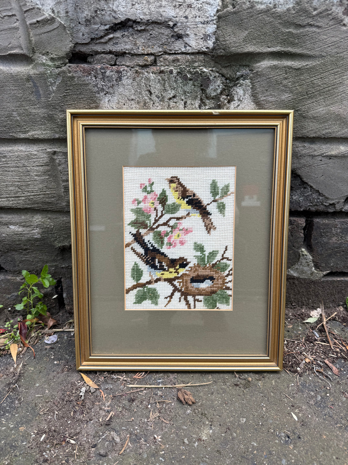 Vintage Framed Bird Cross-Stitch Embroidery