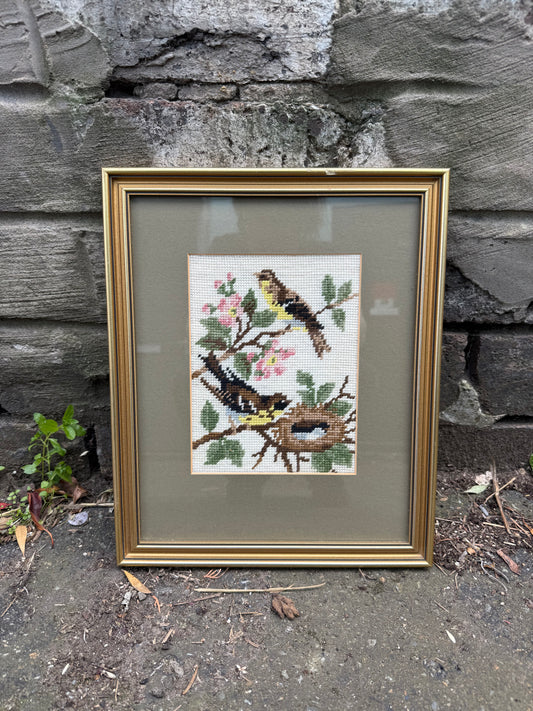 Vintage Framed Bird Cross-Stitch Embroidery