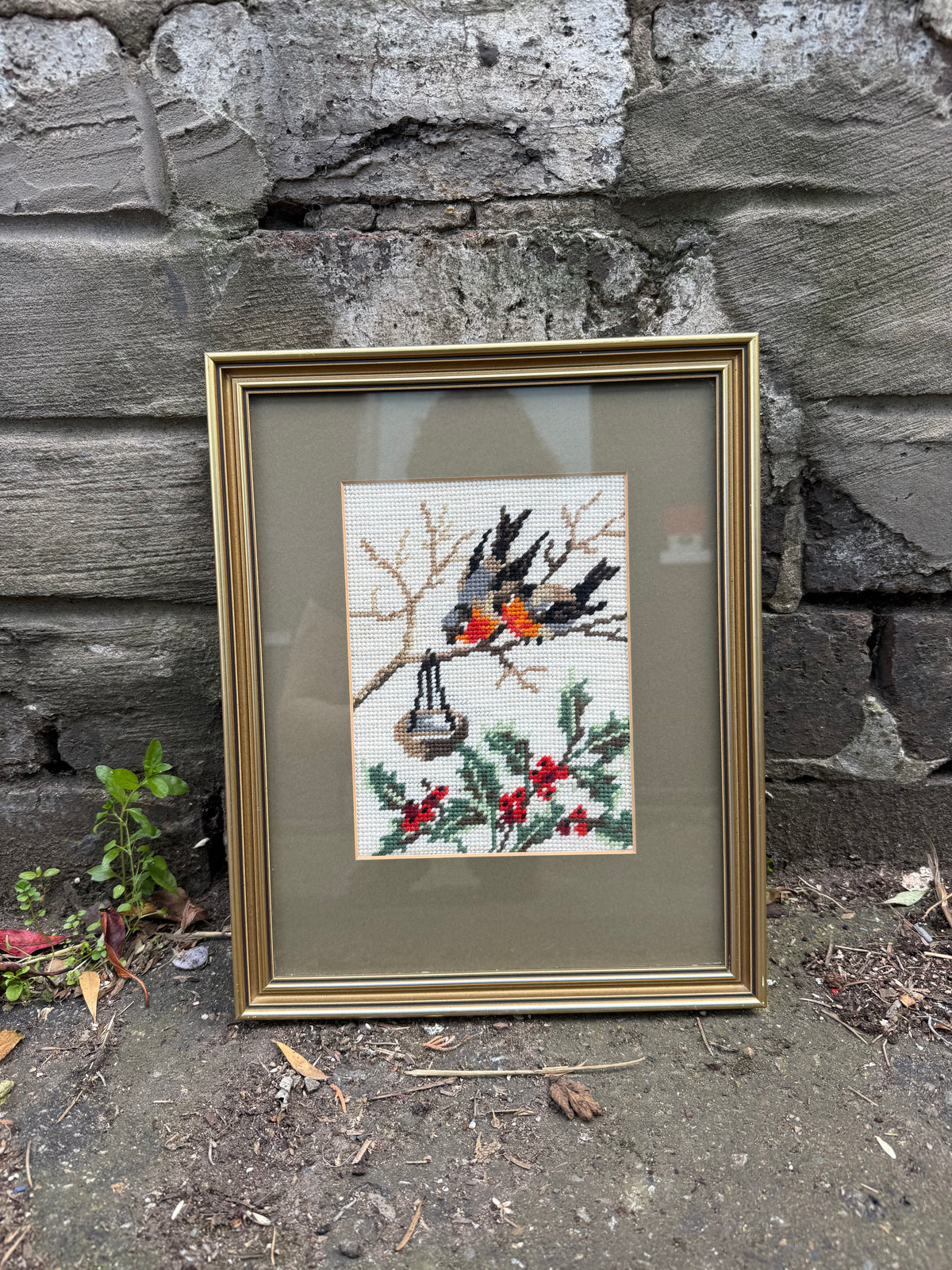 Vintage Framed Bird Cross-Stitch Embroidery