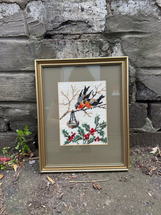 Vintage Framed Bird Cross-Stitch Embroidery