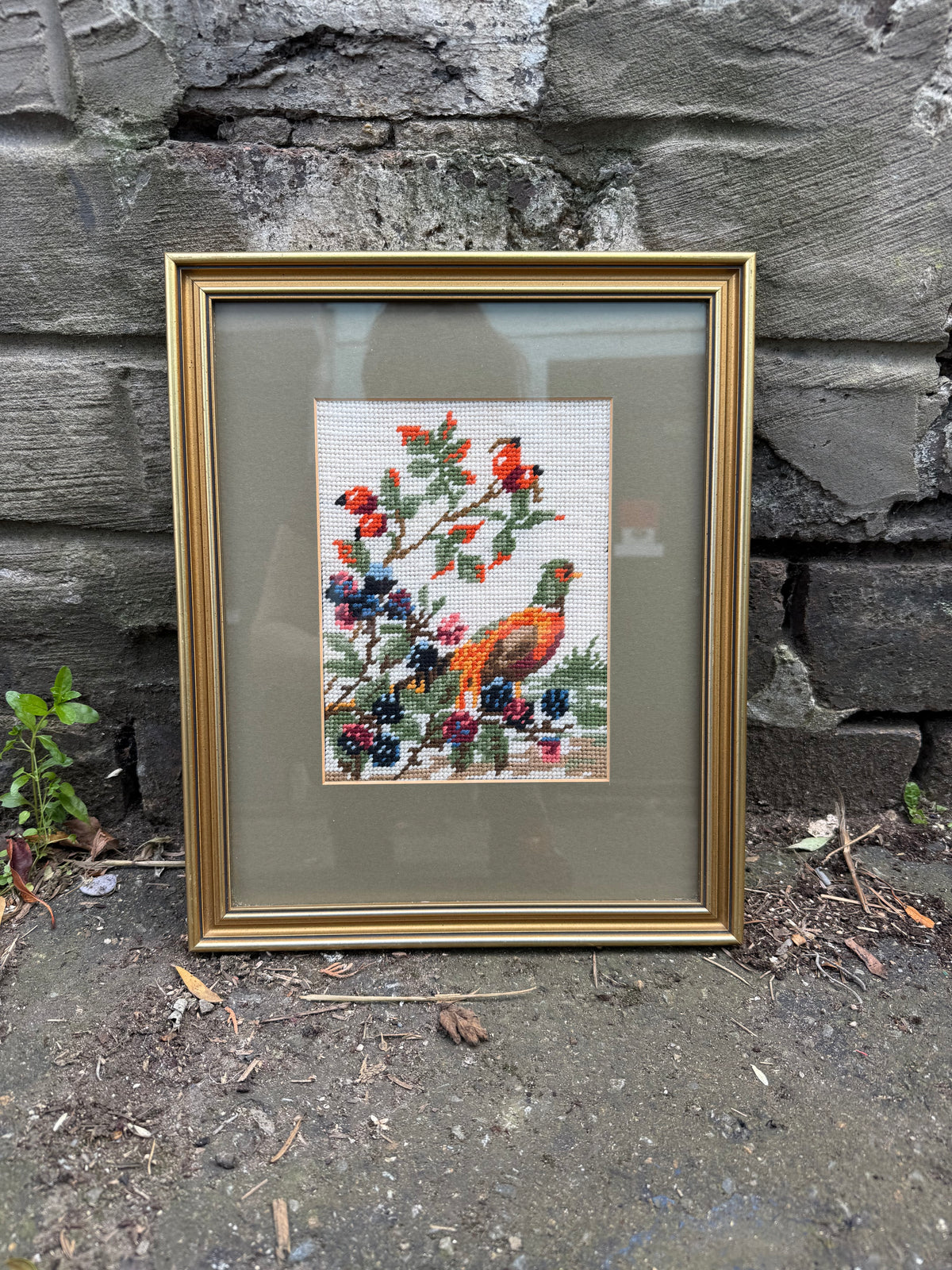 Vintage Framed Bird Cross-Stitch Embroidery