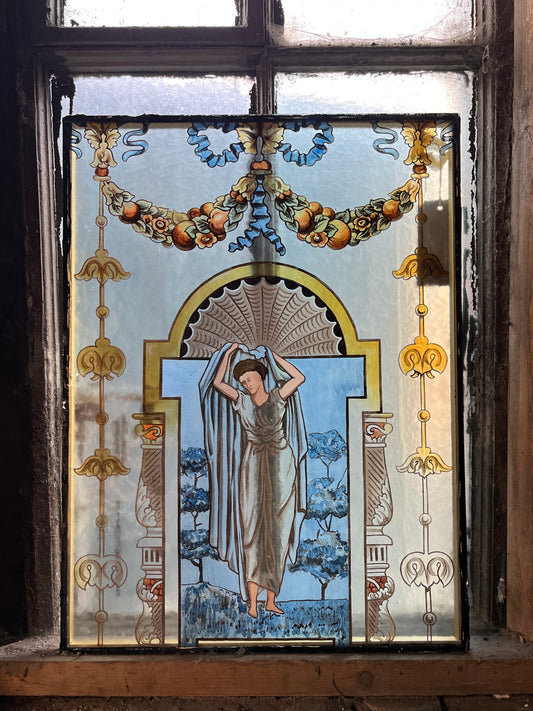 Painted Stained Glass Art of Muse with Garlands