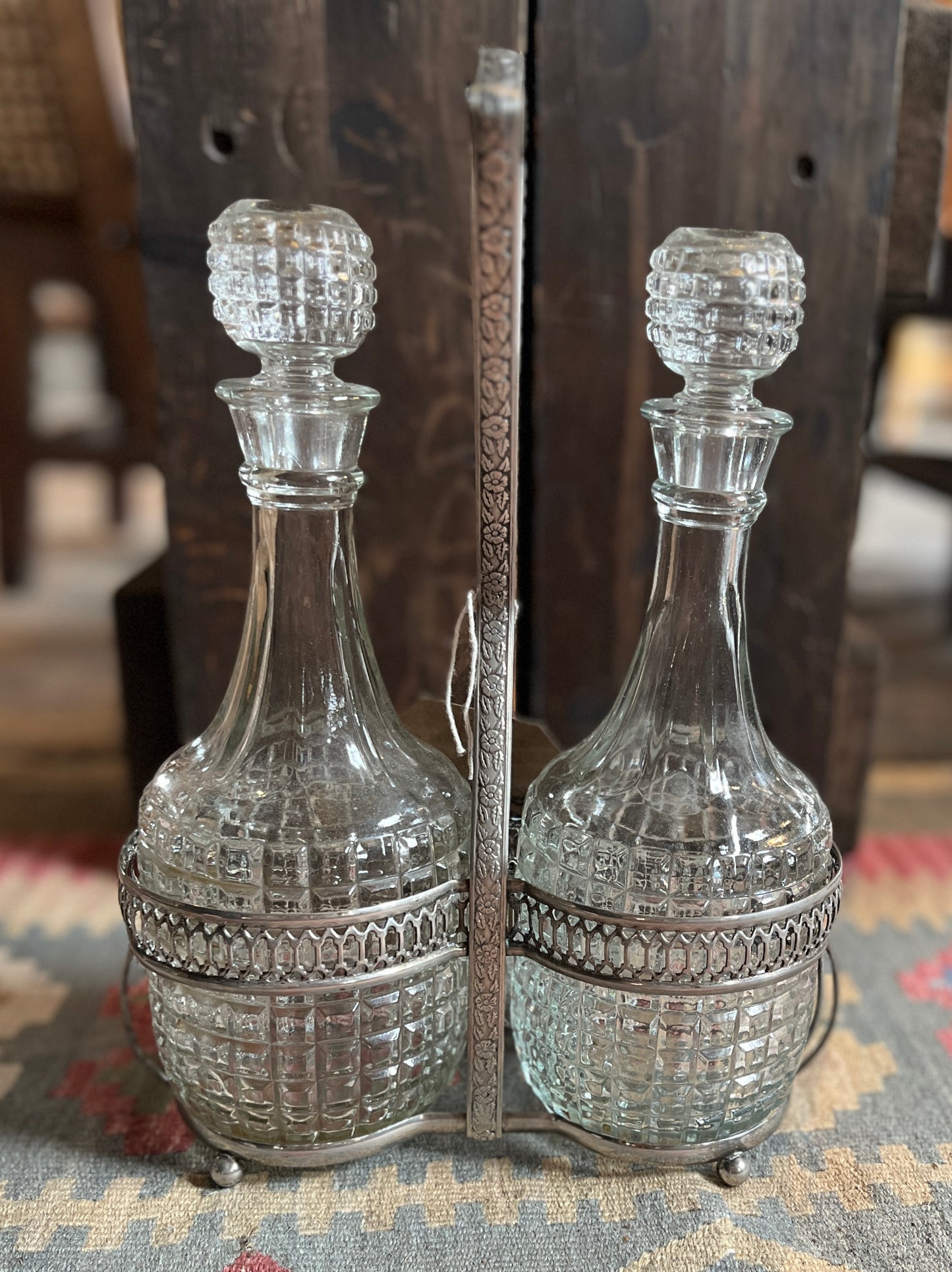 1950's Double Decanter Set in Silver Plated Stand