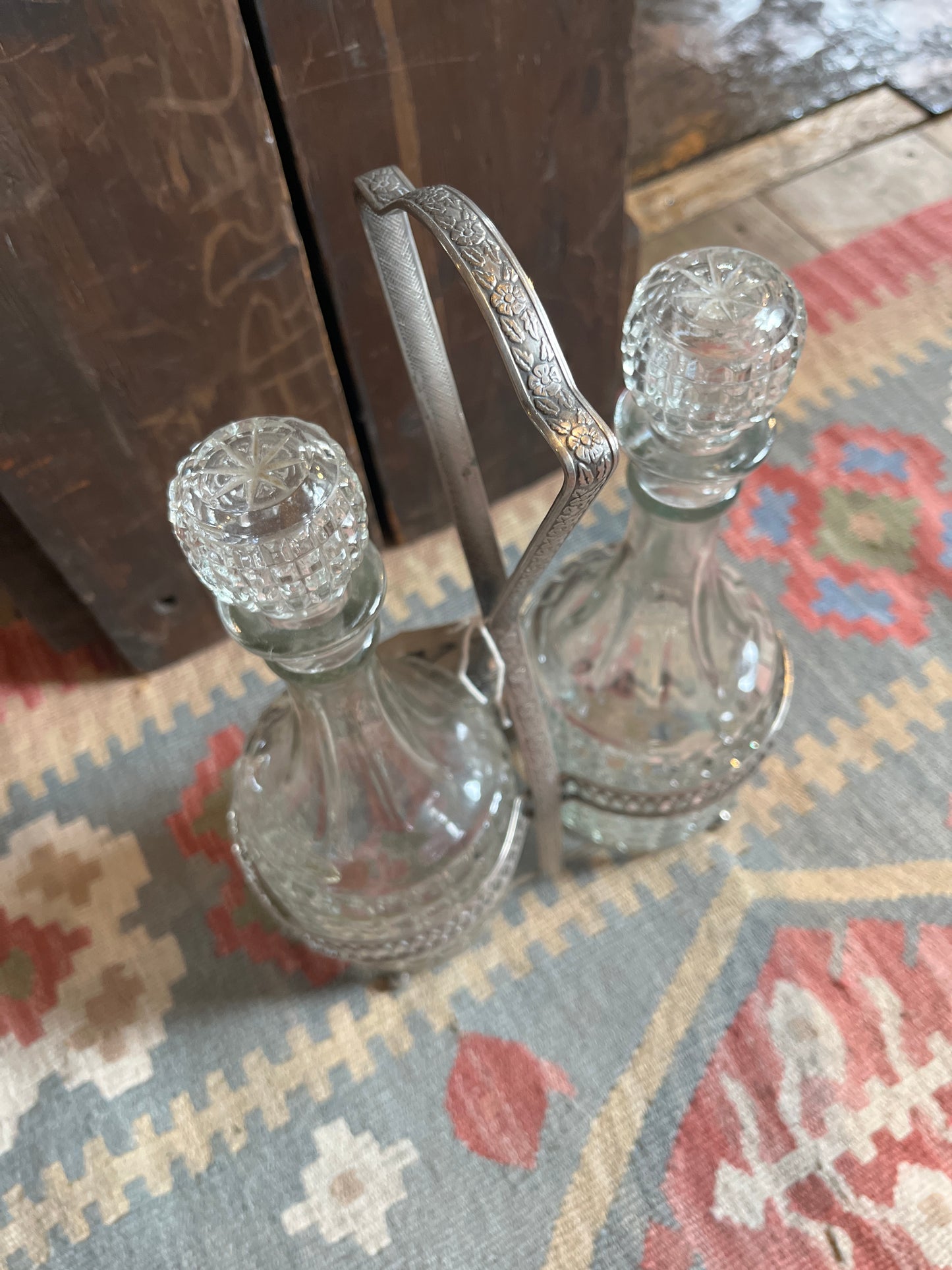 1950's Double Decanter Set in Silver Plated Stand