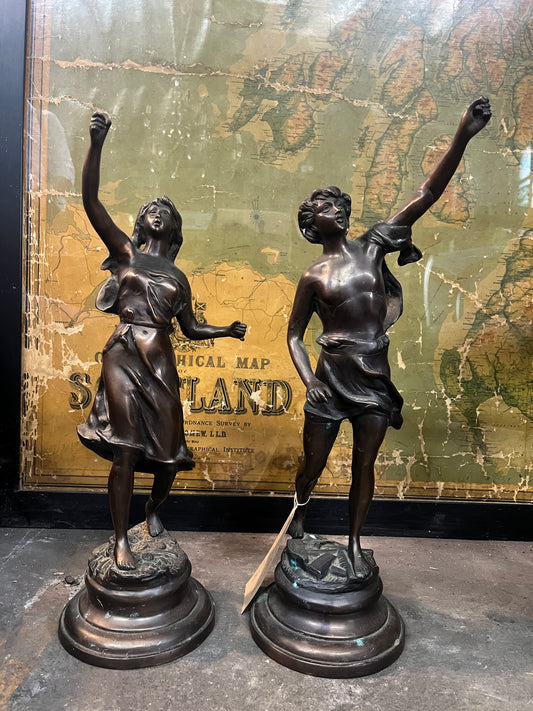 French Pair of Bronze Statues - Lady and Man