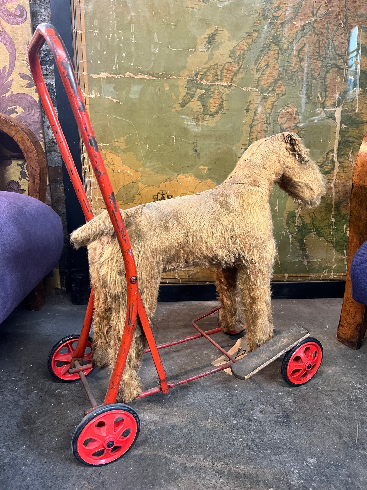1950's Fox Terrier Mohair Dog on Wheels Push Along Walker Toy