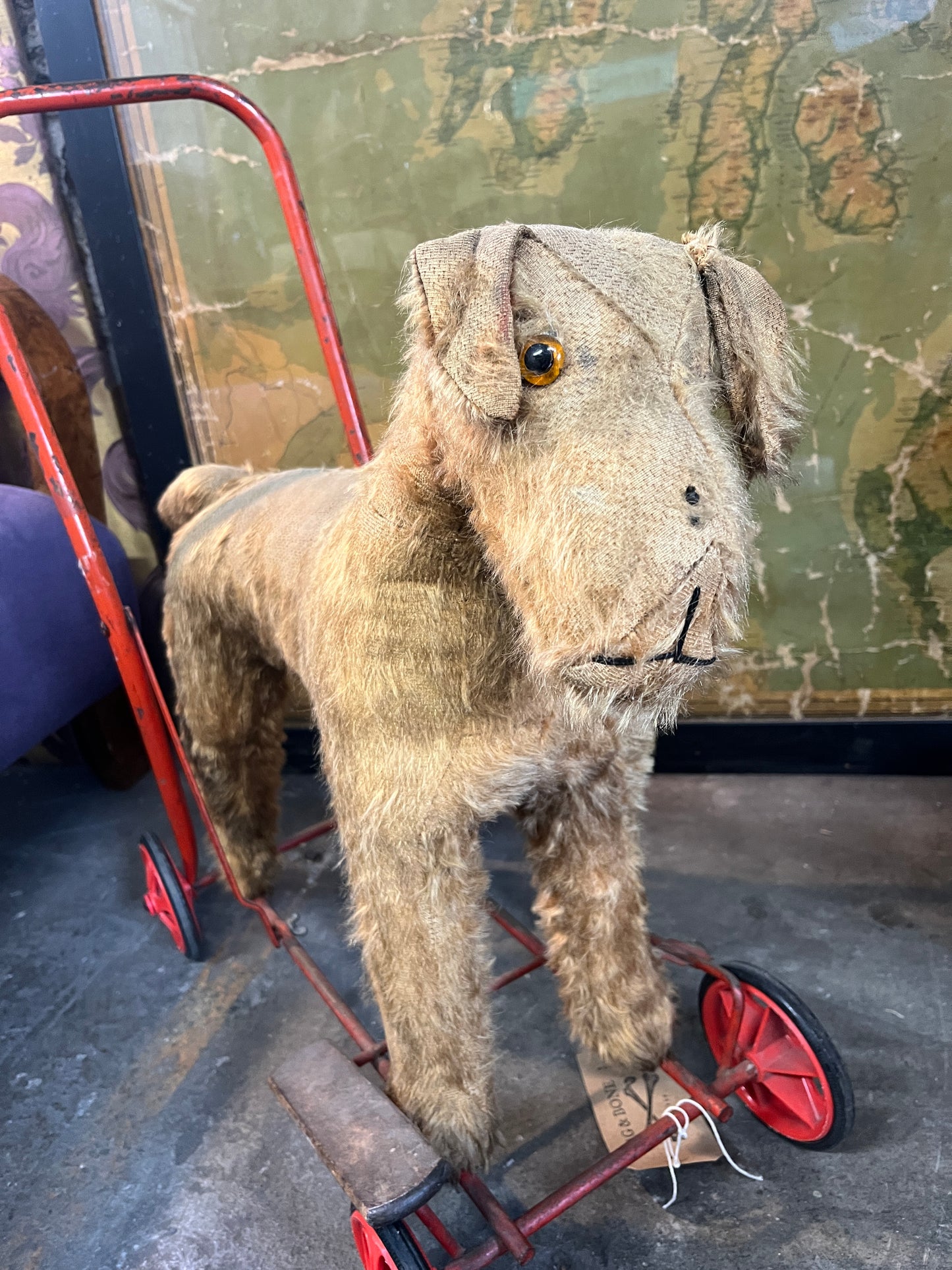 1950's Fox Terrier Mohair Dog on Wheels Push Along Walker Toy