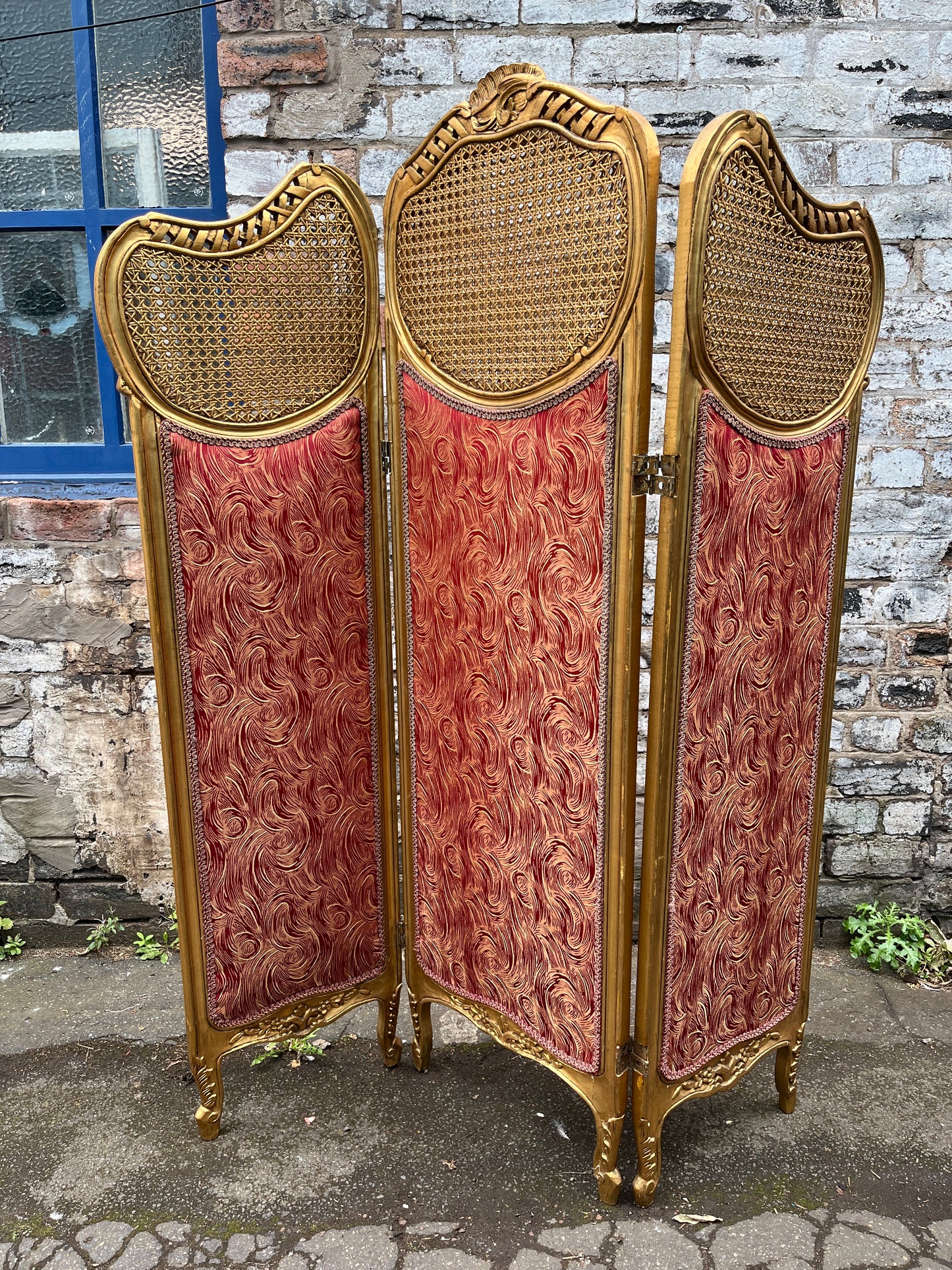 French Three Panel Screen Woven Straw Gold Decoration & Baroque Fabric 1890s