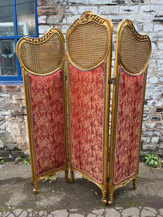 French Three Panel Screen Woven Straw Gold Decoration & Baroque Fabric 1890s
