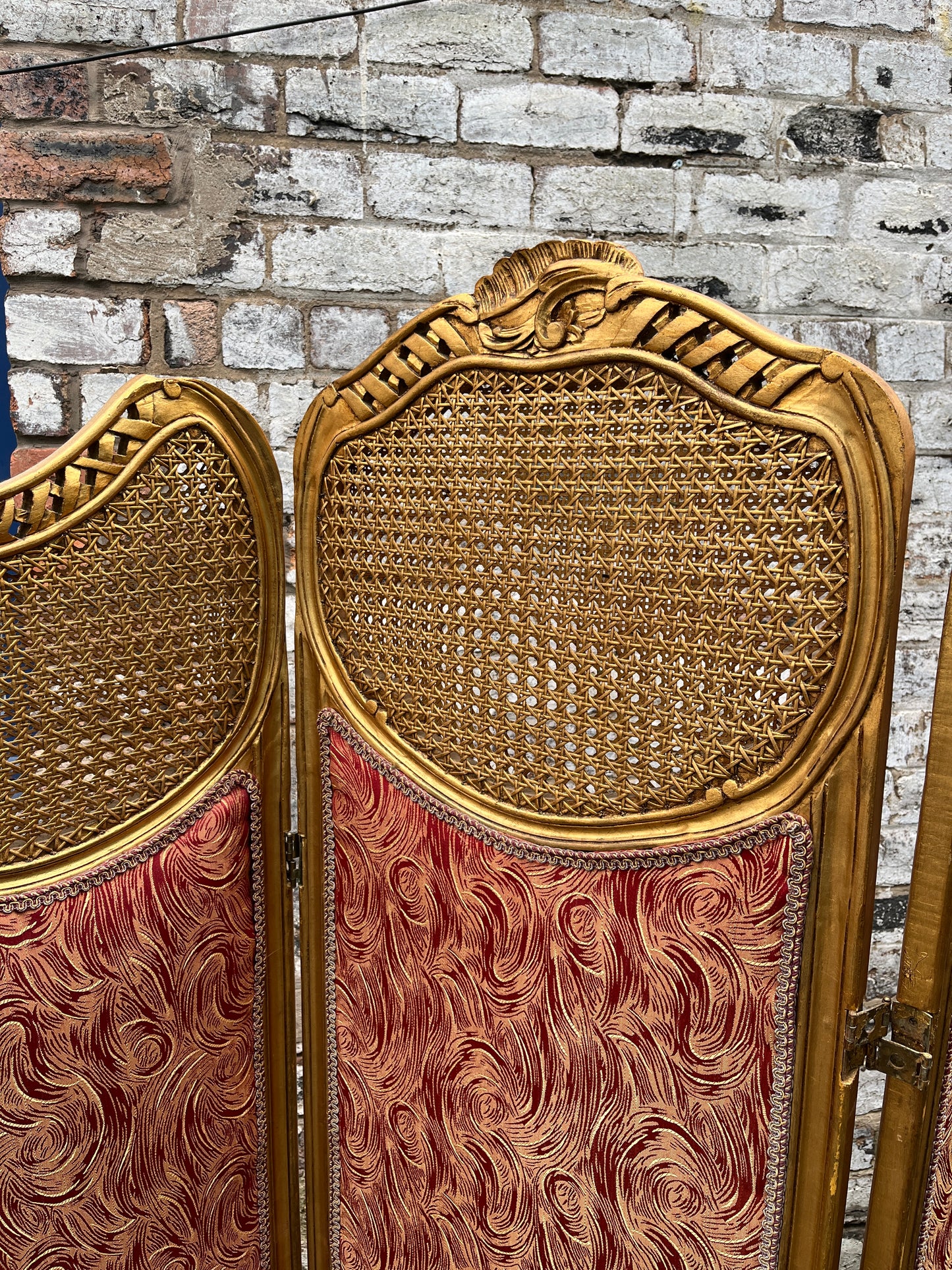 French Three Panel Screen Woven Straw Gold Decoration & Baroque Fabric 1890s