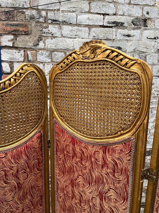 French Three Panel Screen Woven Straw Gold Decoration & Baroque Fabric 1890s