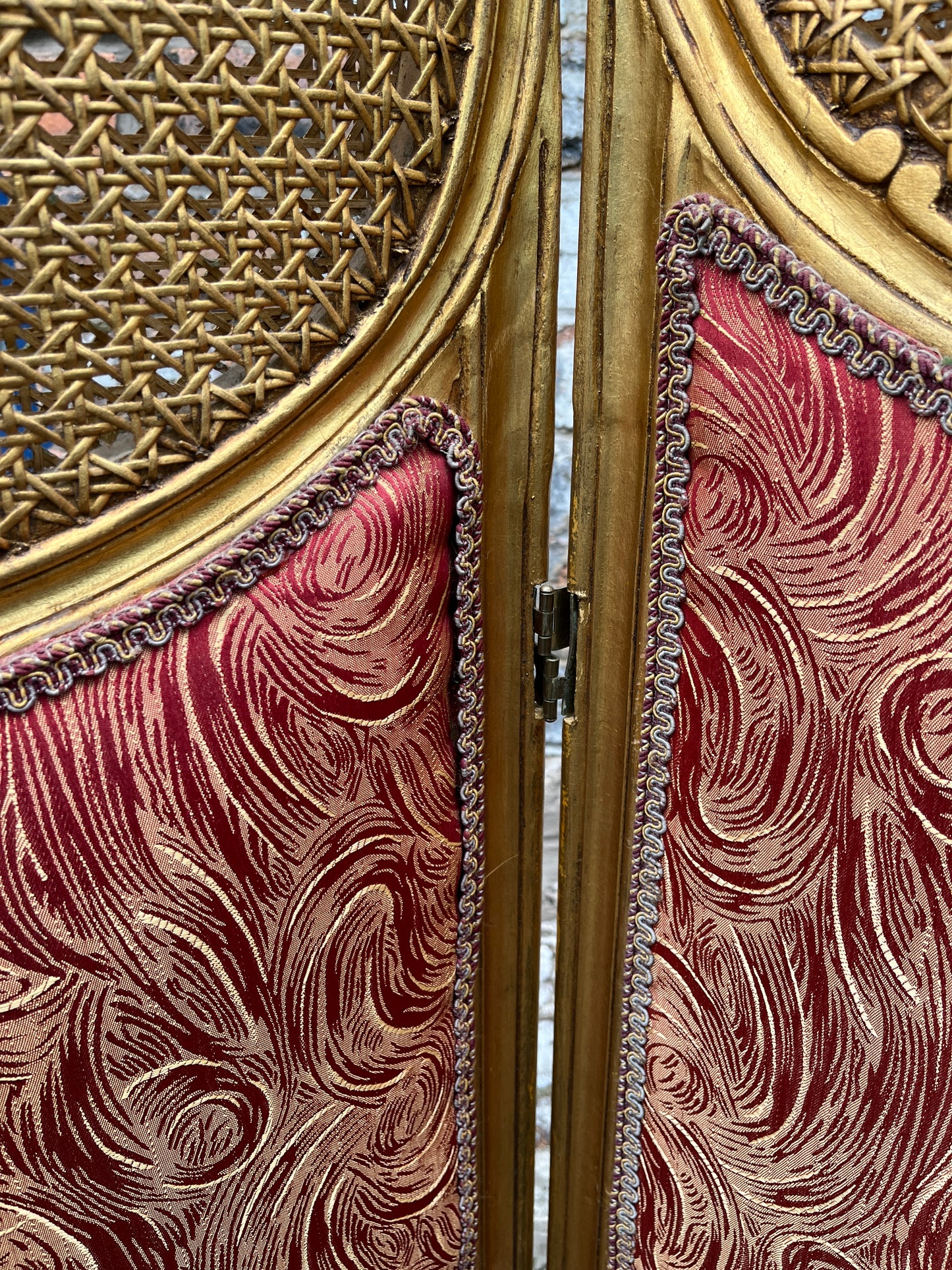 French Three Panel Screen Woven Straw Gold Decoration & Baroque Fabric 1890s