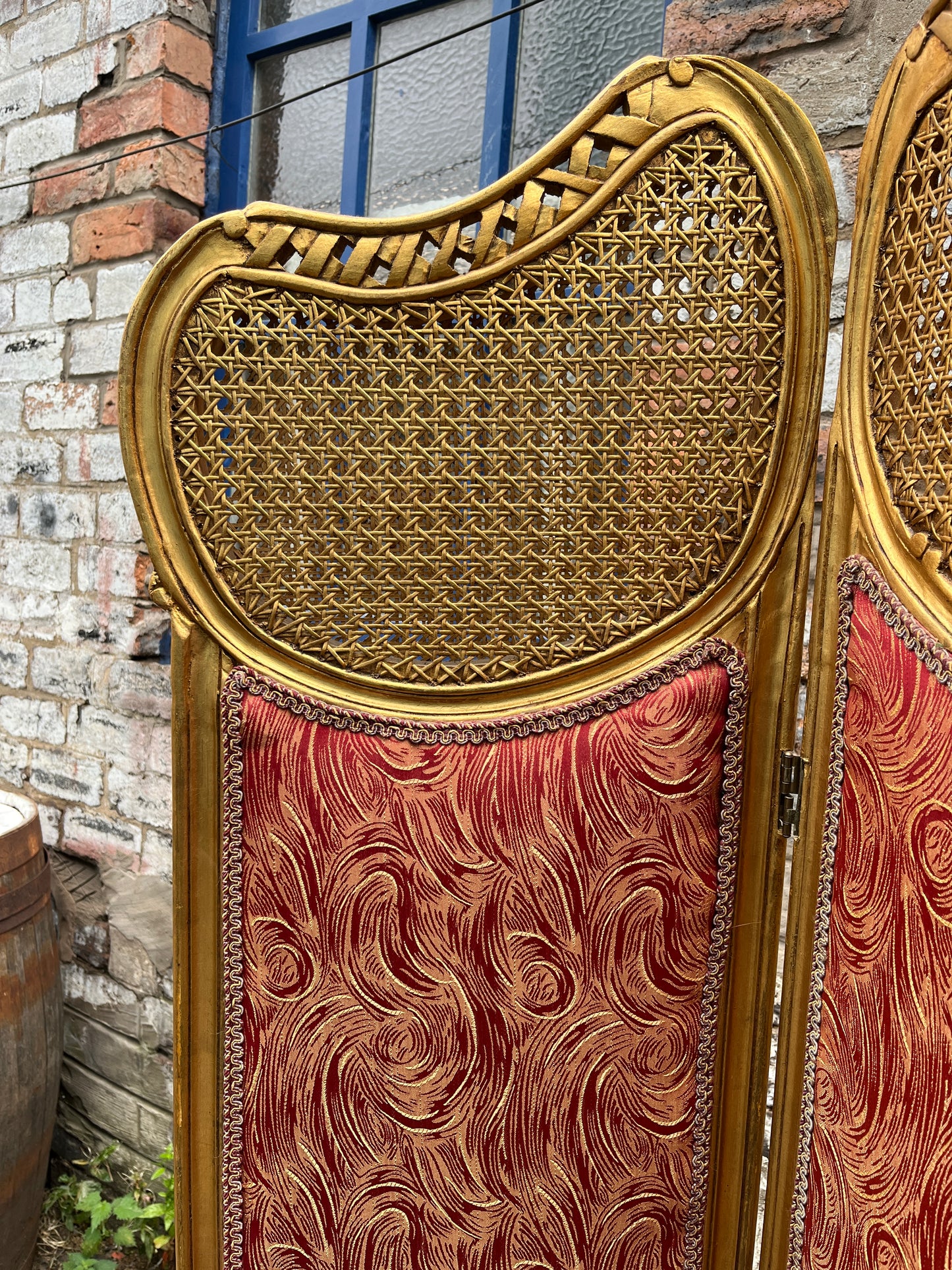 French Three Panel Screen Woven Straw Gold Decoration & Baroque Fabric 1890s