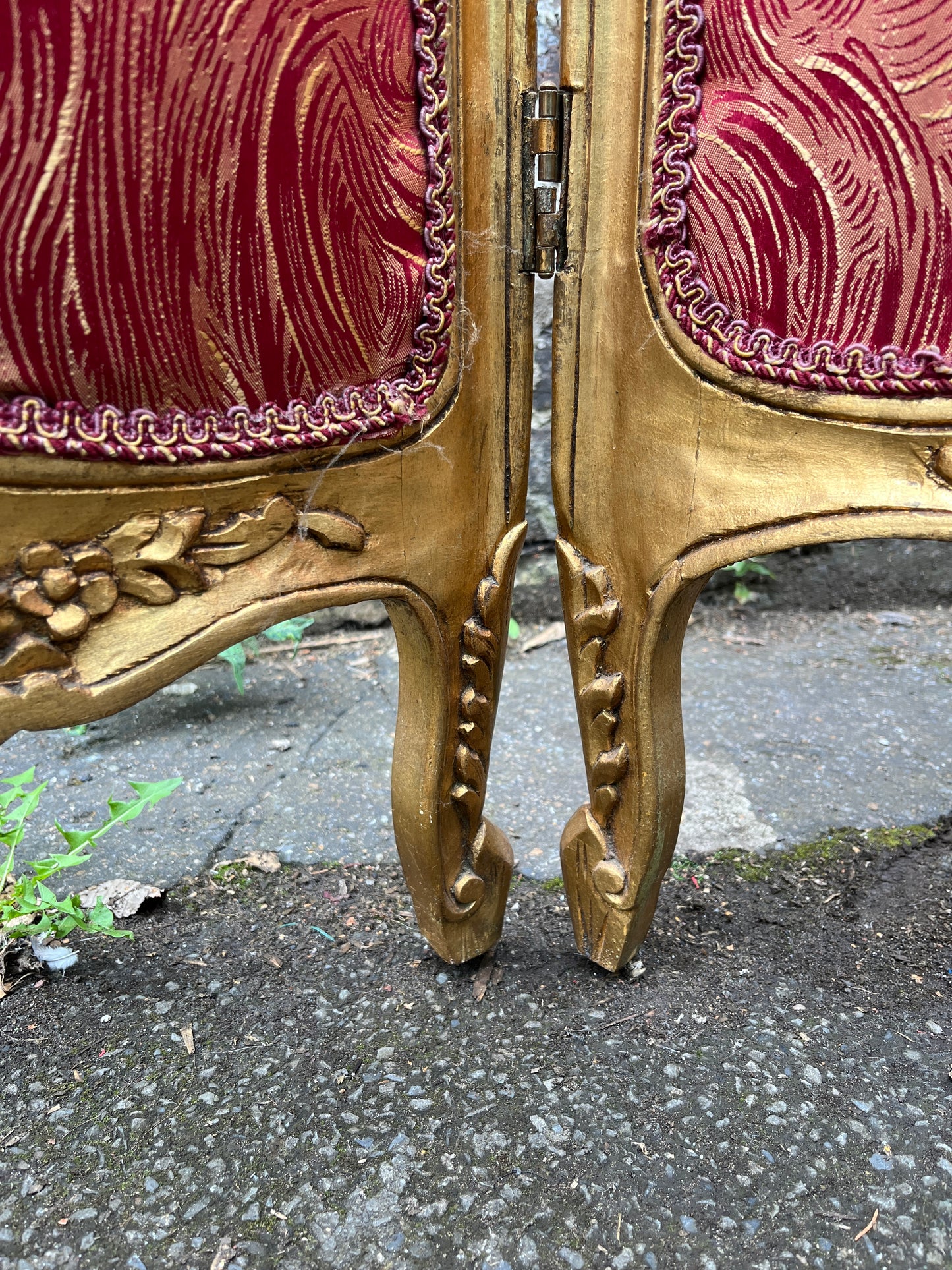 French Three Panel Screen Woven Straw Gold Decoration & Baroque Fabric 1890s