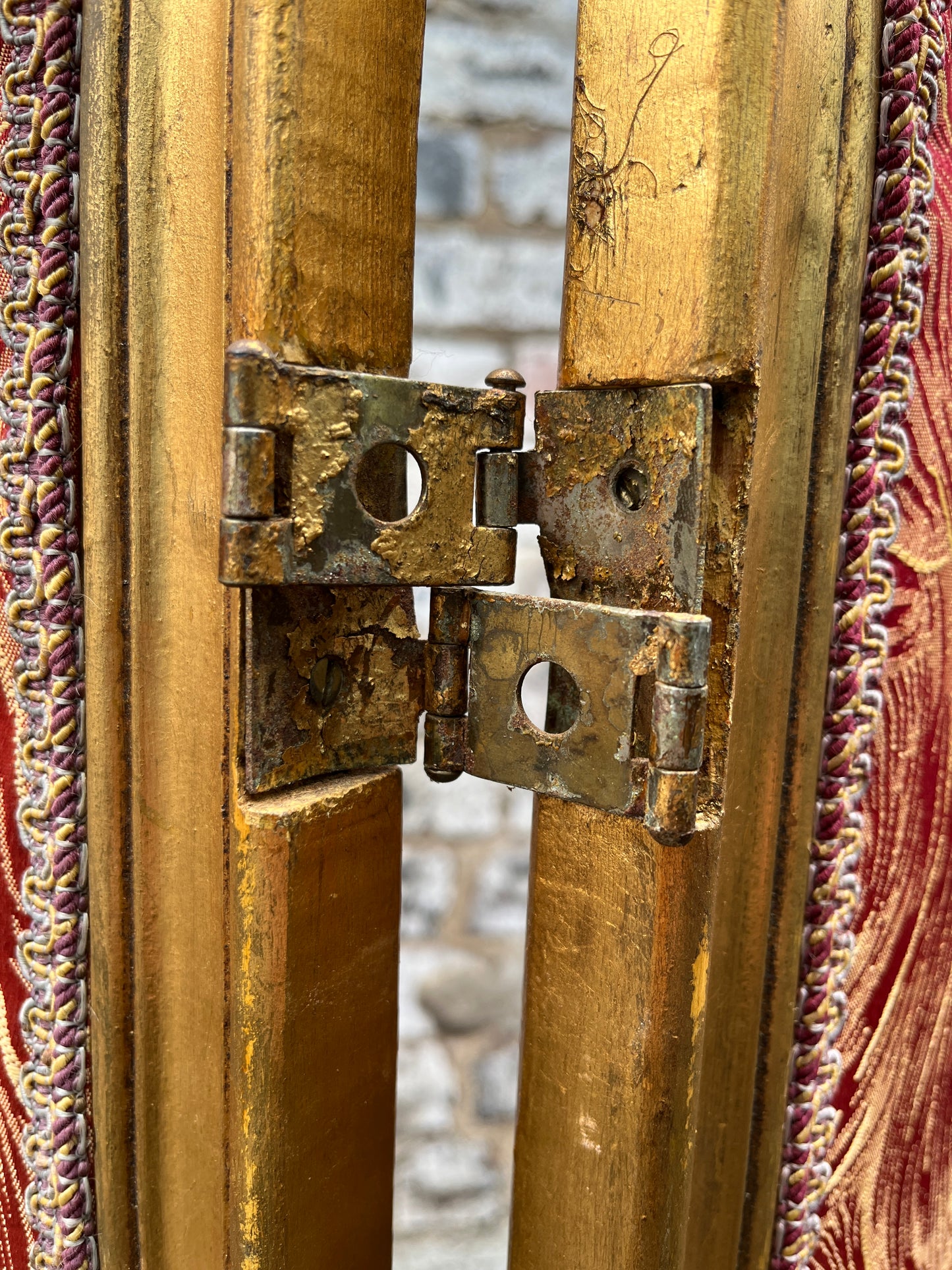 French Three Panel Screen Woven Straw Gold Decoration & Baroque Fabric 1890s