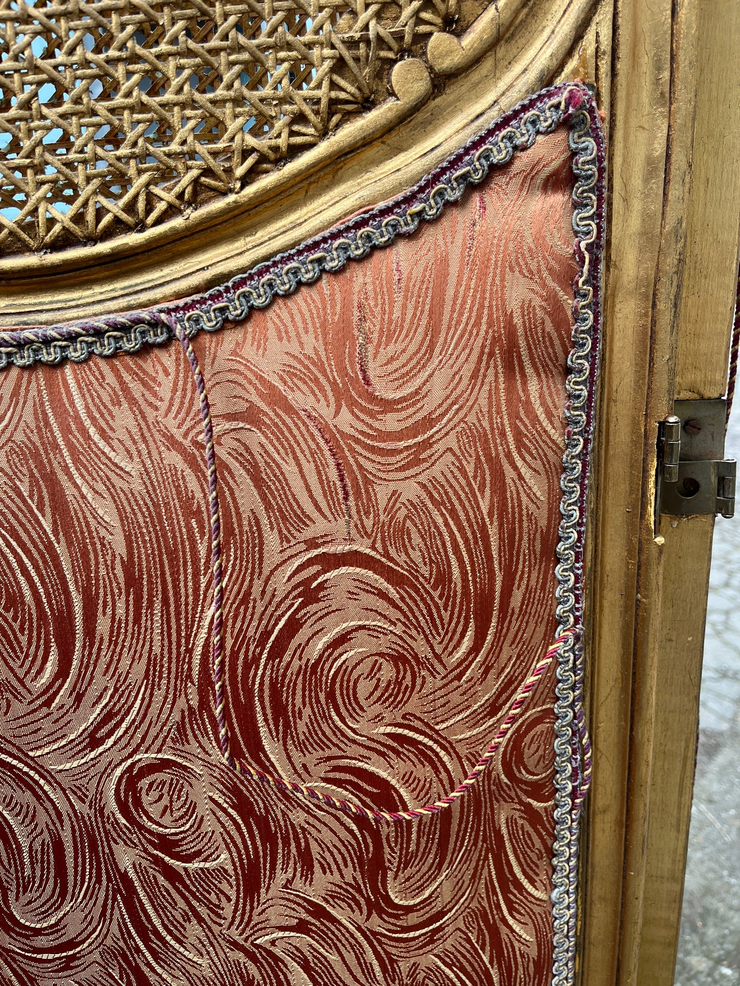 French Three Panel Screen Woven Straw Gold Decoration & Baroque Fabric 1890s
