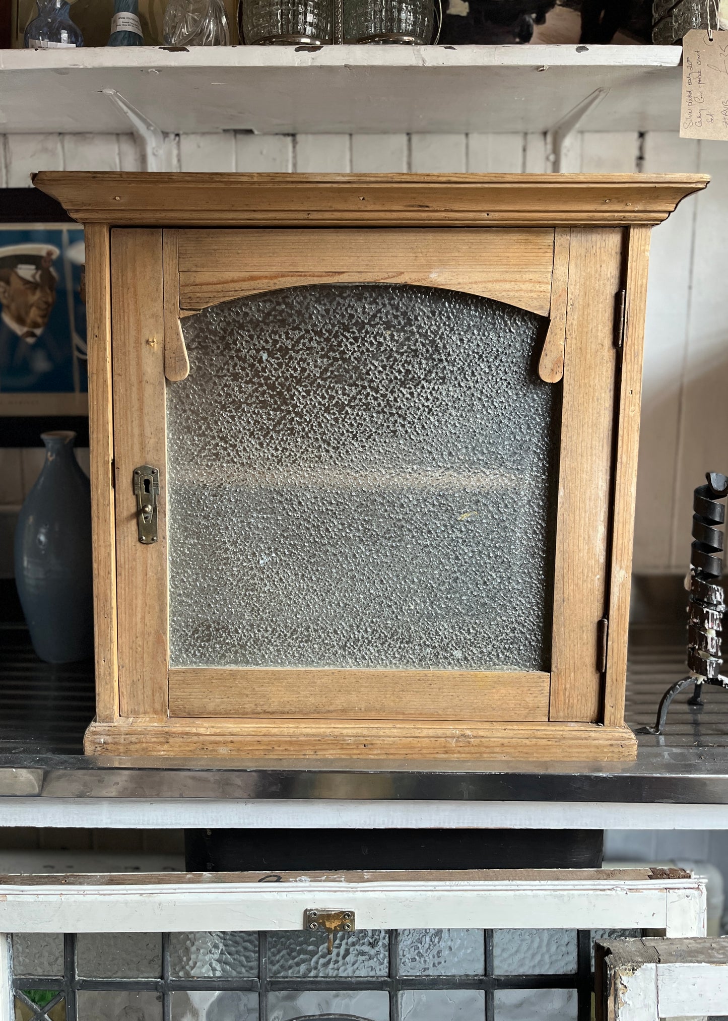 Antique Pine Food Safe / Apothecary Cabinet with Florentine Textured Glass Style