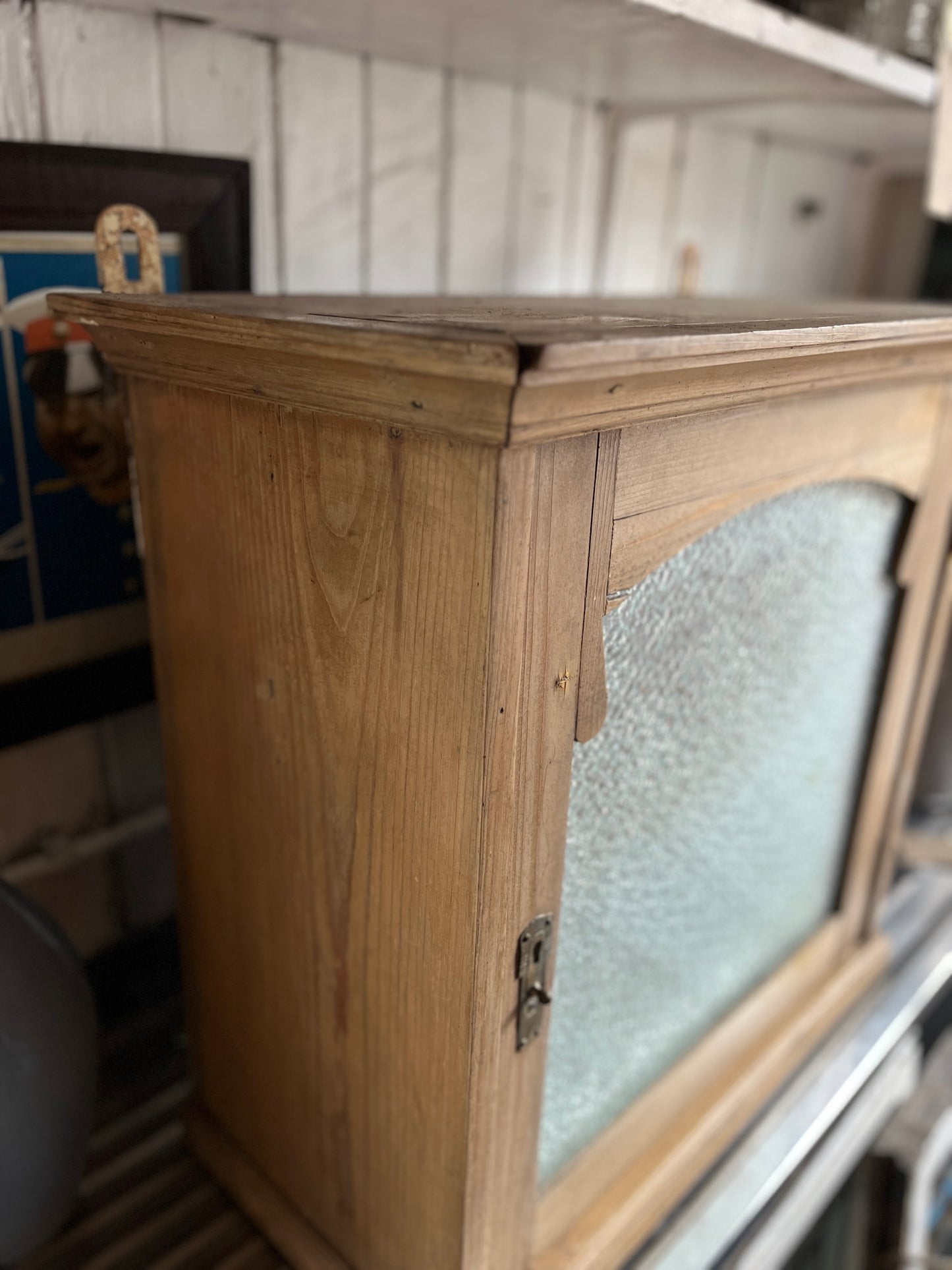 Antique Pine Food Safe / Apothecary Cabinet with Florentine Textured Glass Style