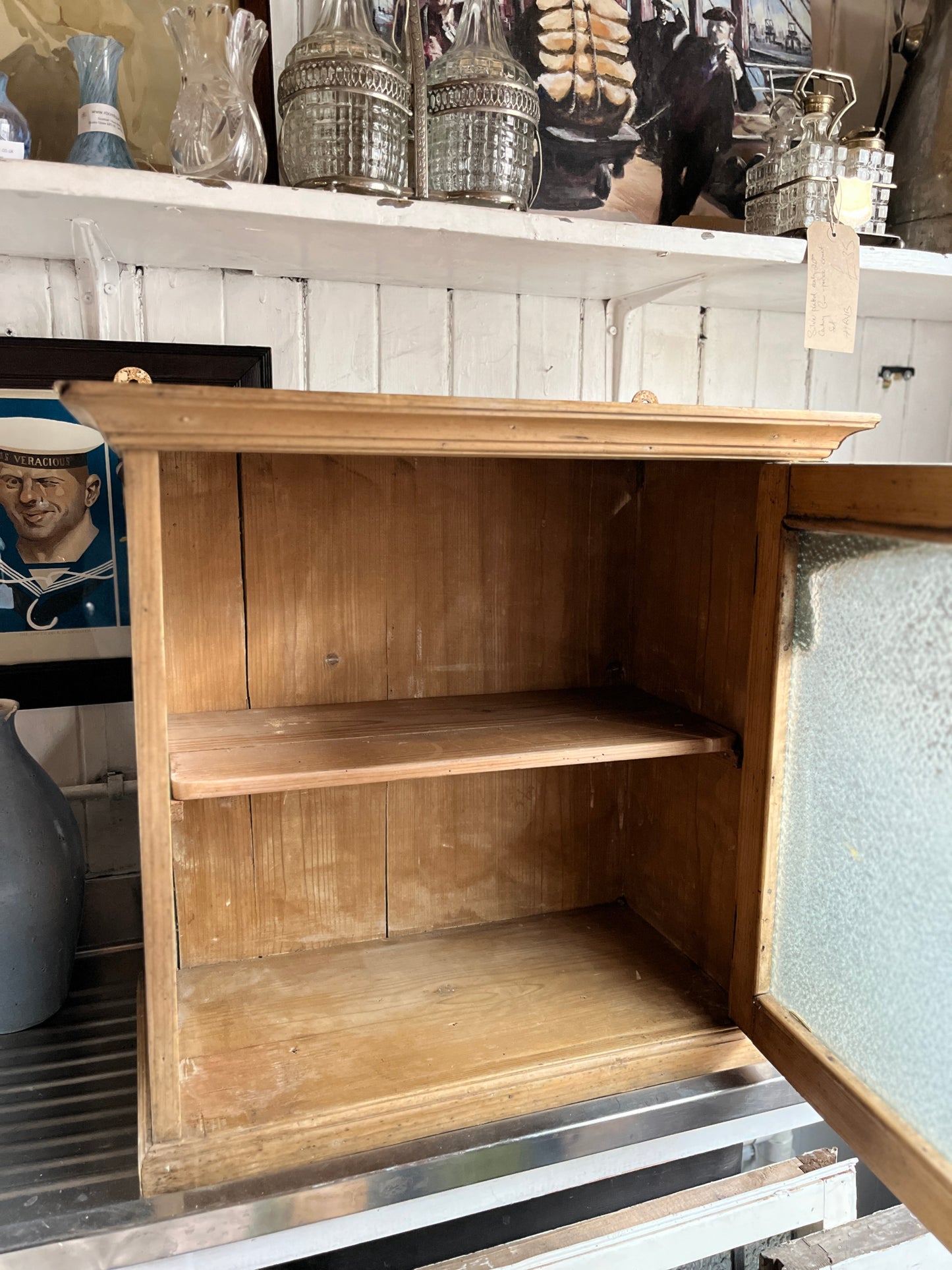 Antique Pine Food Safe / Apothecary Cabinet with Florentine Textured Glass Style