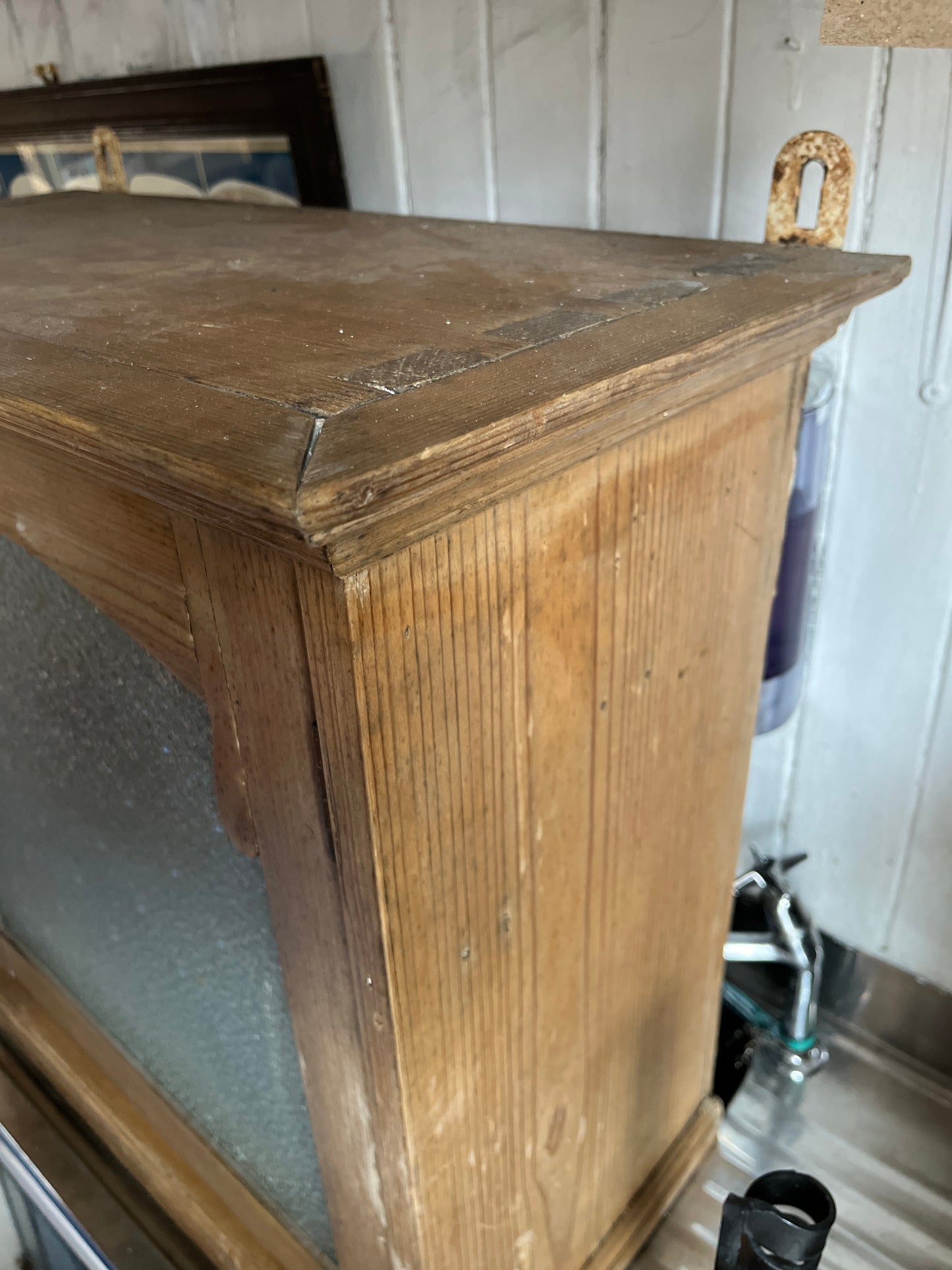 Antique Pine Food Safe / Apothecary Cabinet with Florentine Textured Glass Style