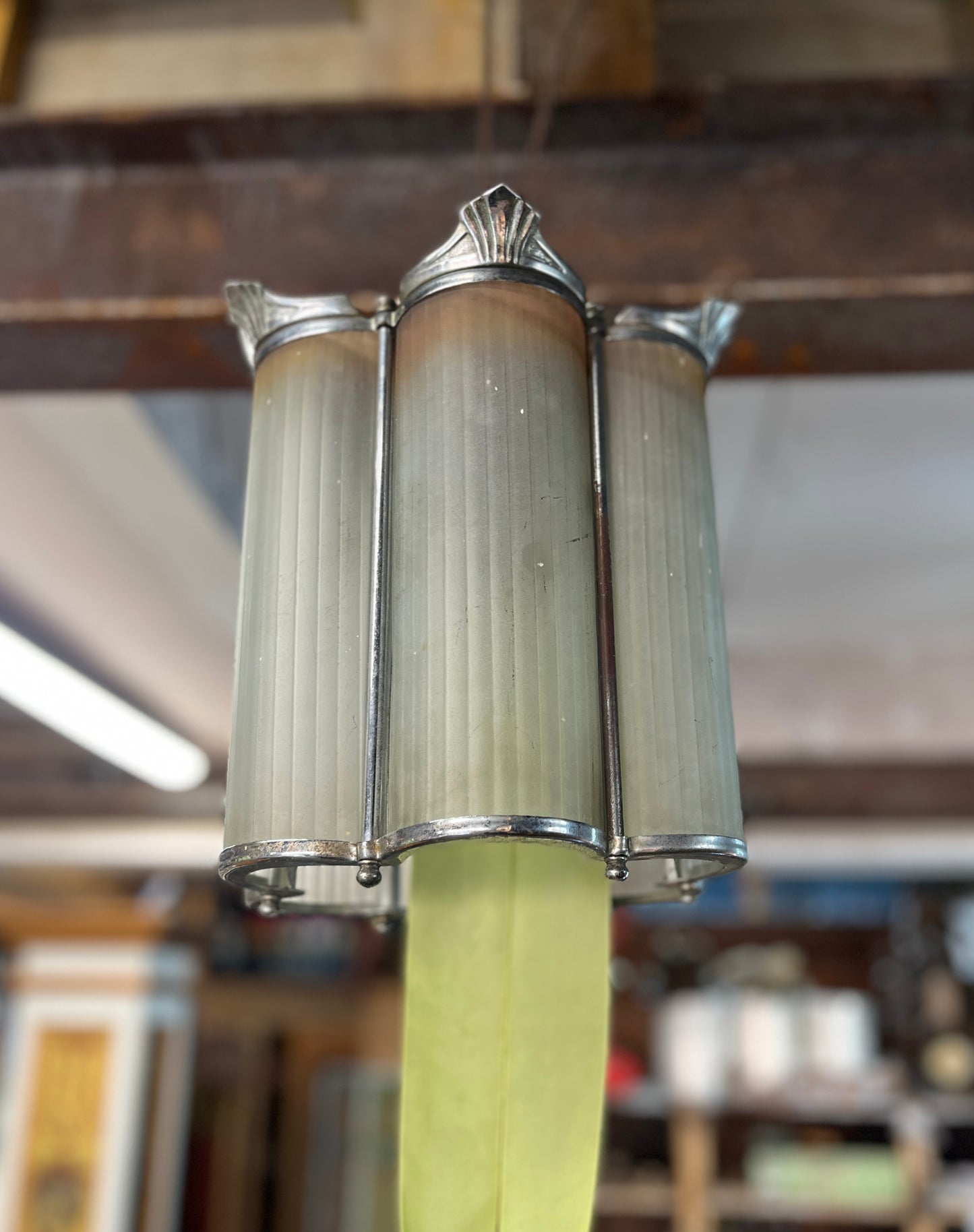 Art Deco Pendant Light Ribbed Frosted Glass & Chrome