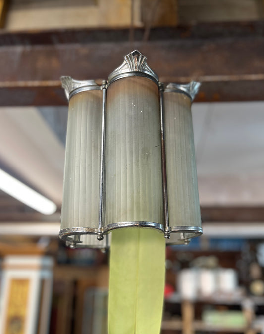 Art Deco Pendant Light Ribbed Frosted Glass & Chrome