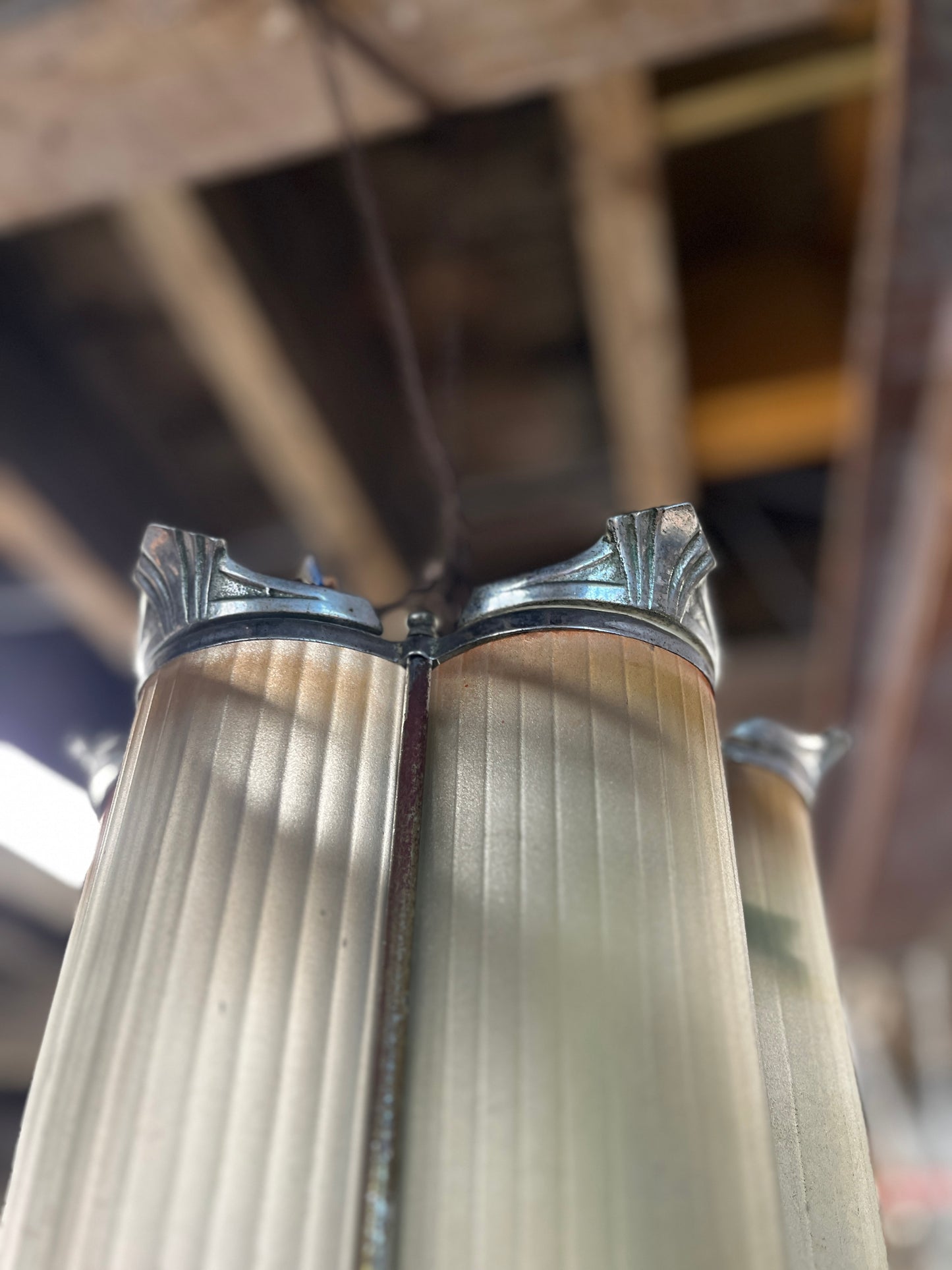 Art Deco Pendant Light Ribbed Frosted Glass & Chrome