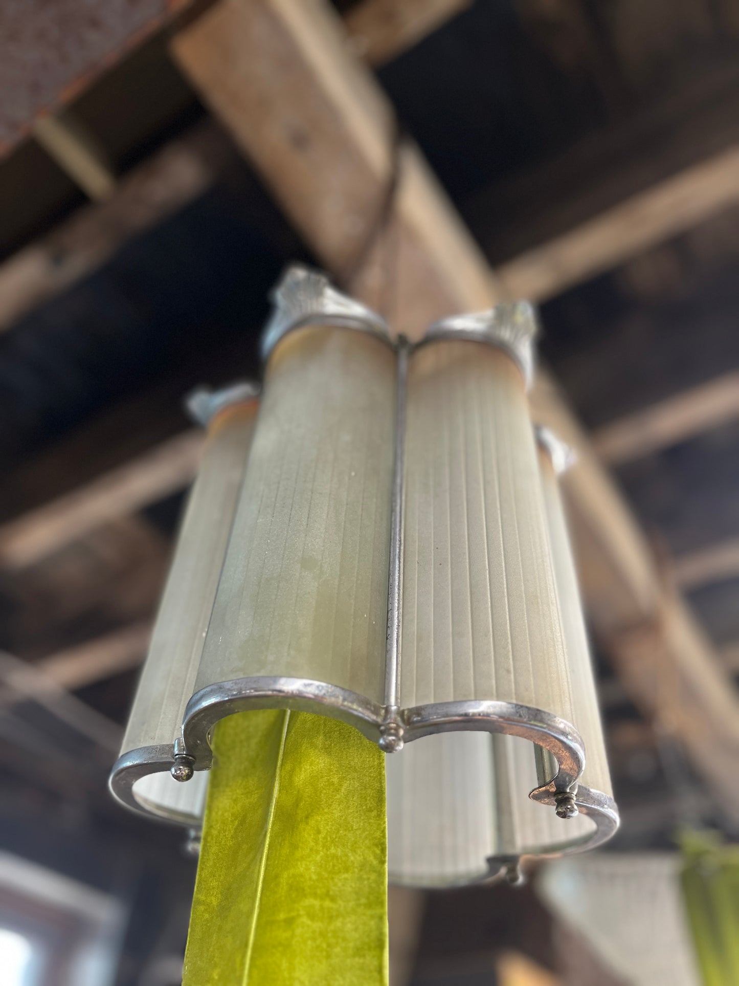 Art Deco Pendant Light Ribbed Frosted Glass & Chrome
