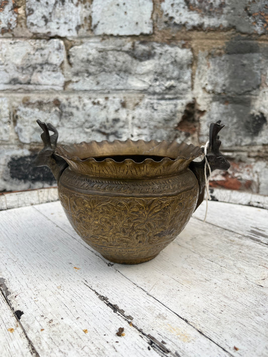 Vintage Asian Bowl / Planter with Stags Antique Brass India or Middle East