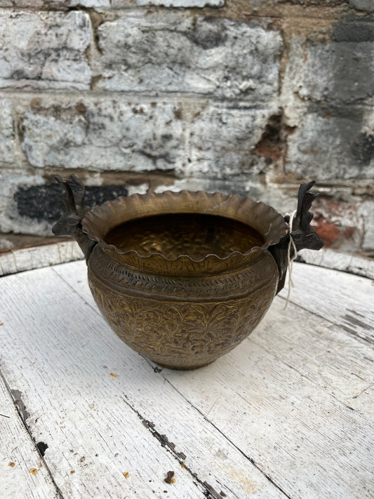 Vintage Asian Bowl / Planter with Stags Antique Brass India or Middle East