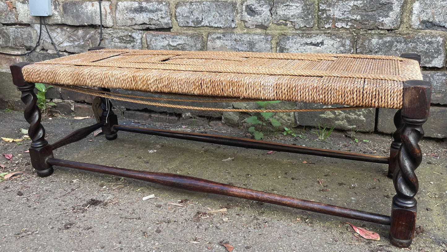 Antique Rush Seat Wooden Bench Hallway Footstool