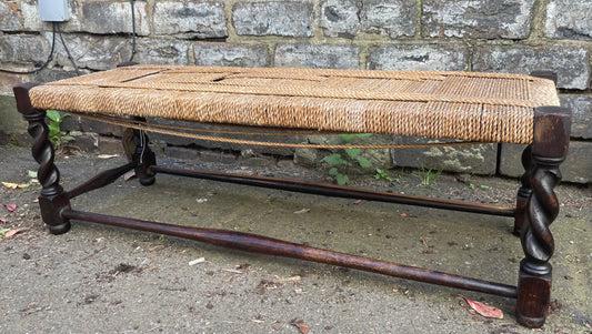 Antique Rush Seat Wooden Bench Hallway Footstool