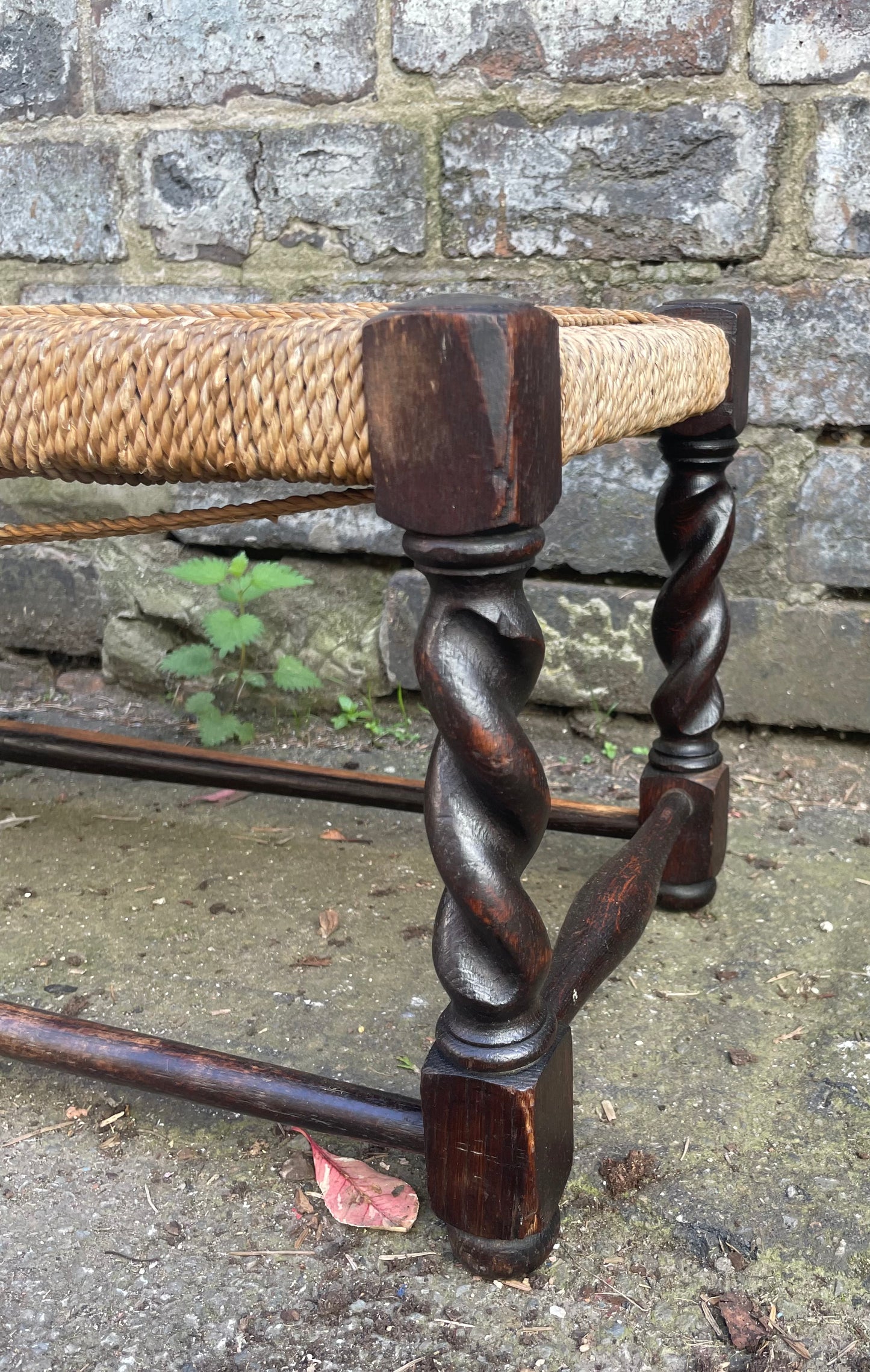 Antique Rush Seat Wooden Bench Hallway Footstool