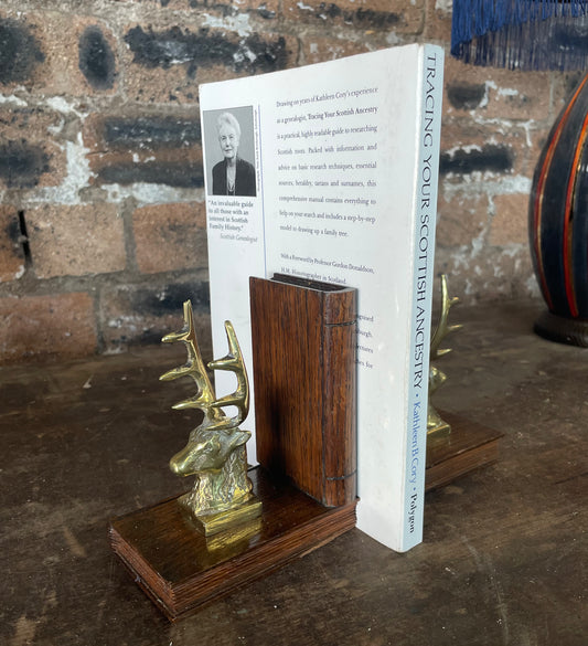 Pair of 19th Century Brass Stag Bookends on Carved Wood