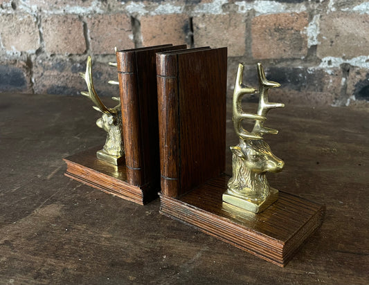 Pair of 19th Century Brass Stag Bookends on Carved Wood