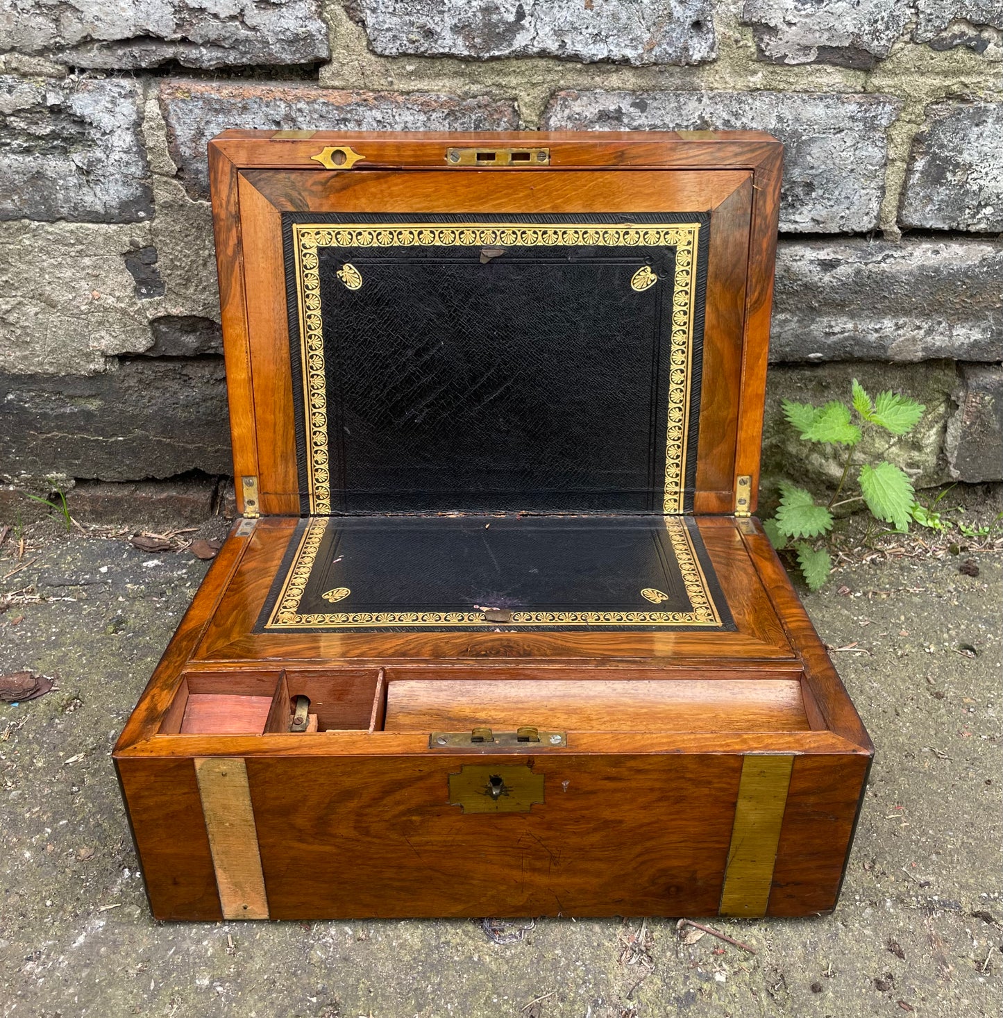 Antique Walnut Writing Slope with tooled leather interior pad