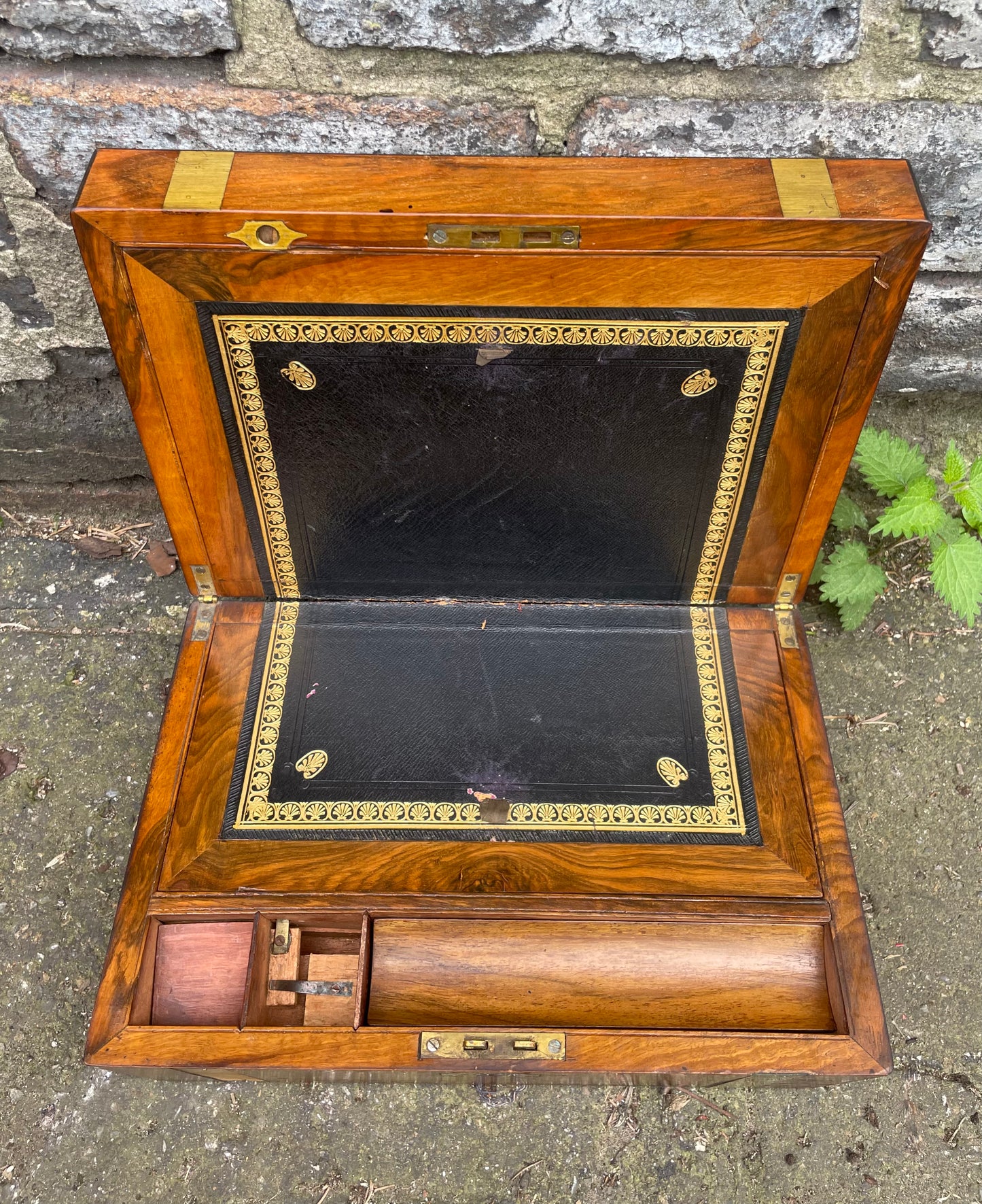 Antique Walnut Writing Slope with tooled leather interior pad