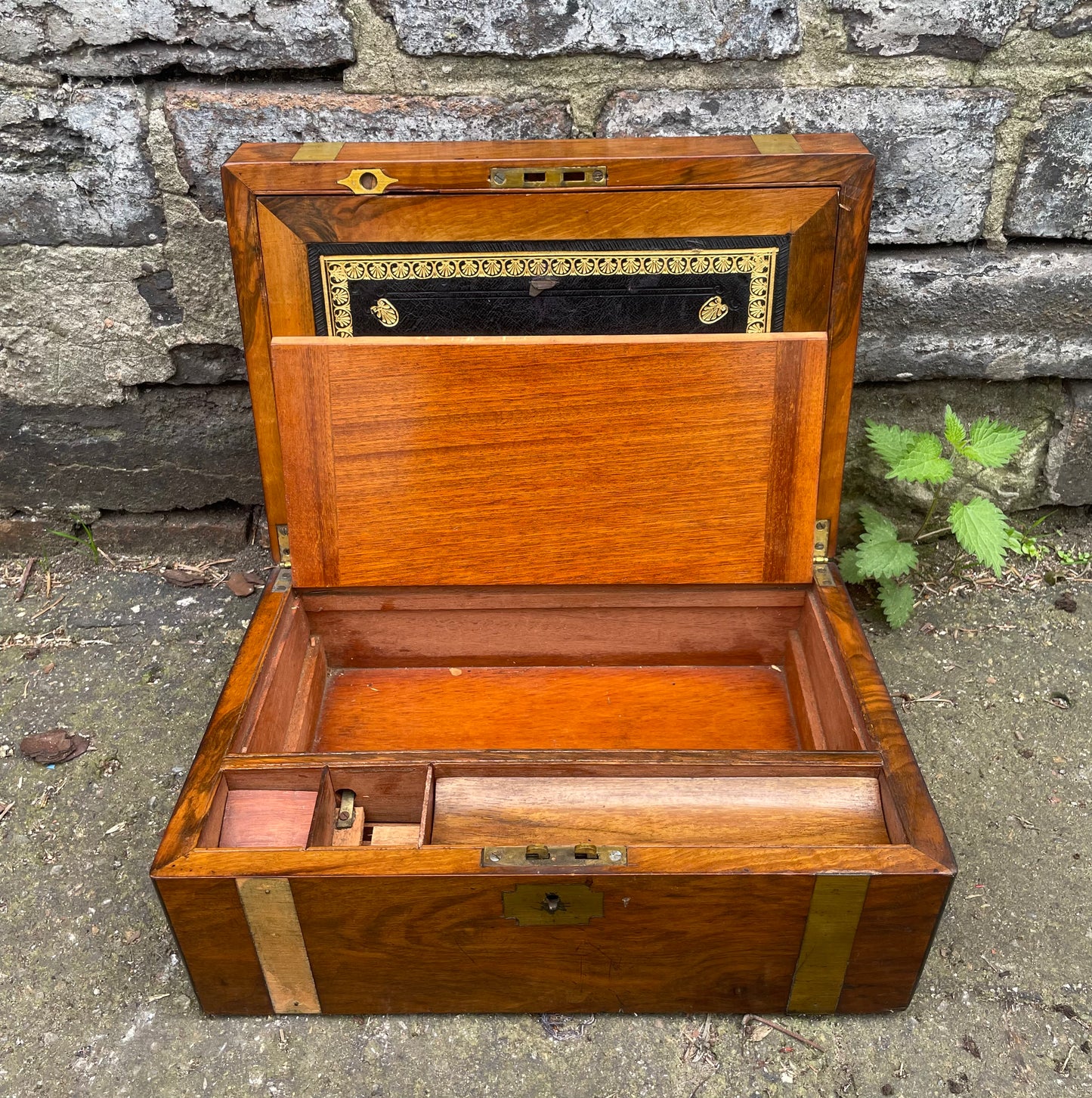 Antique Walnut Writing Slope with tooled leather interior pad